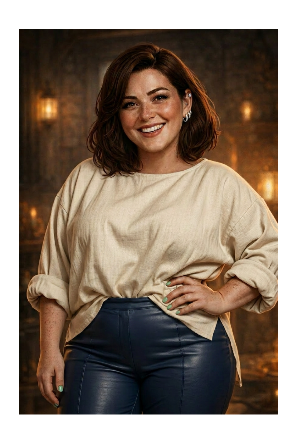 A woman with shoulder-length brown hair wearing a cream-colored, loose top and dark blue, high-waisted leather pants, smiling with her hand on her hip in a warmly lit indoor setting.