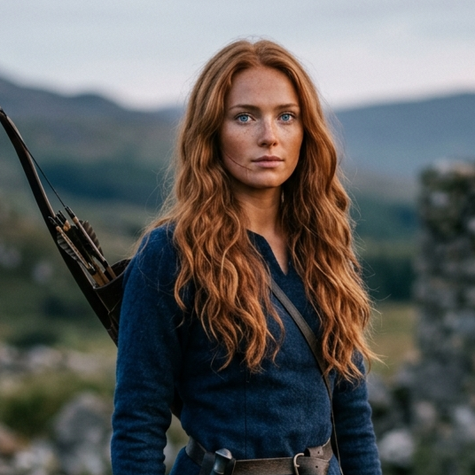 A woman with long red hair standing outdoors in a natural landscape with mountains and rocks in the background, dressed in a dark blue outfit, carrying a quiver and bow.