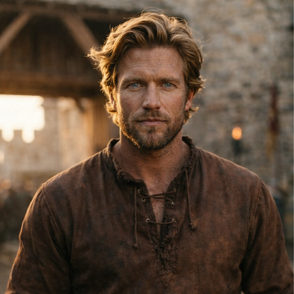 A man with blond hair and blue eyes wearing a brown, worn leather shirt, standing outdoors during sunset. The background shows a rustic stone wall and wooden structures.