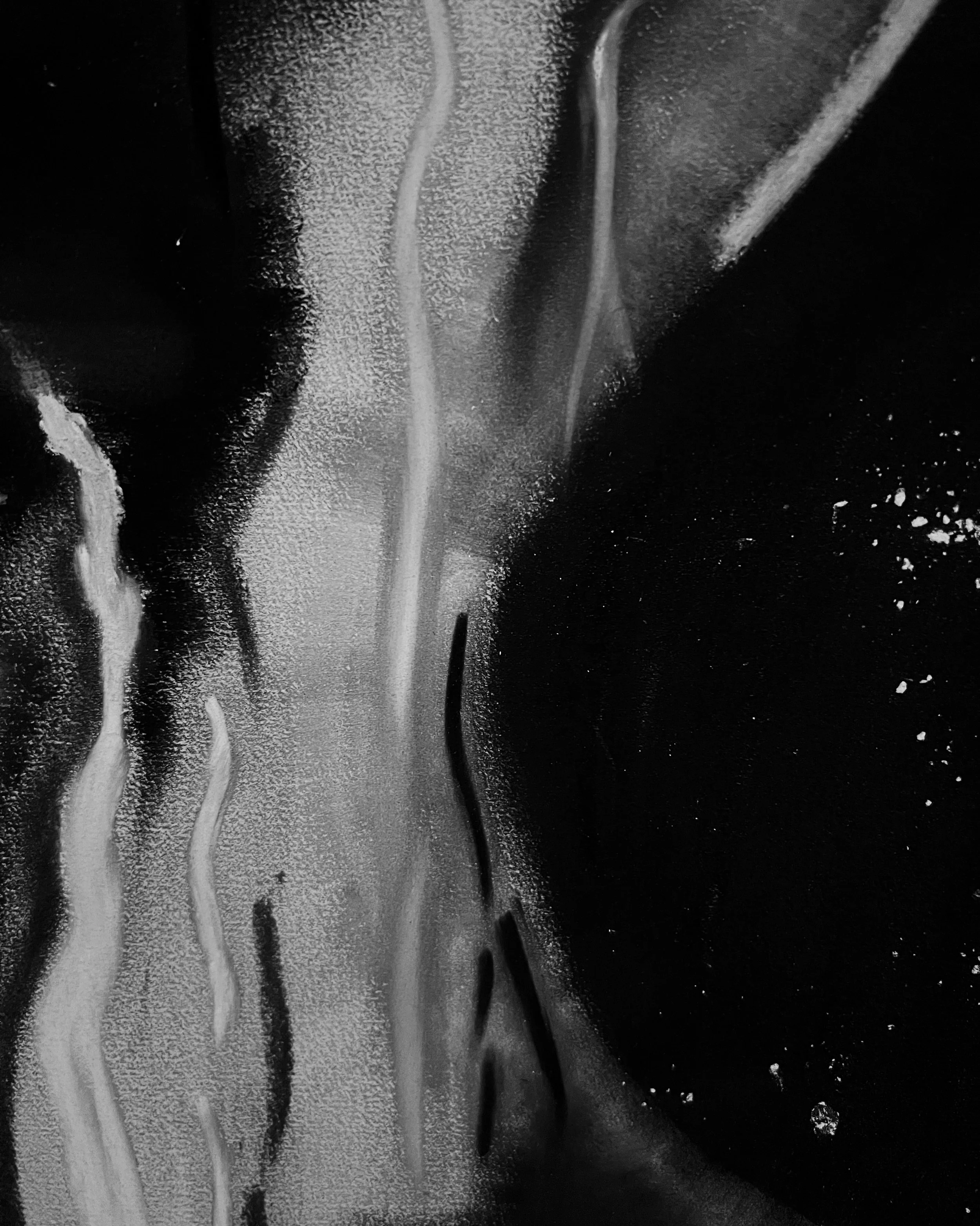 Abstract black and white artwork with wavy lines and textured surfaces.
