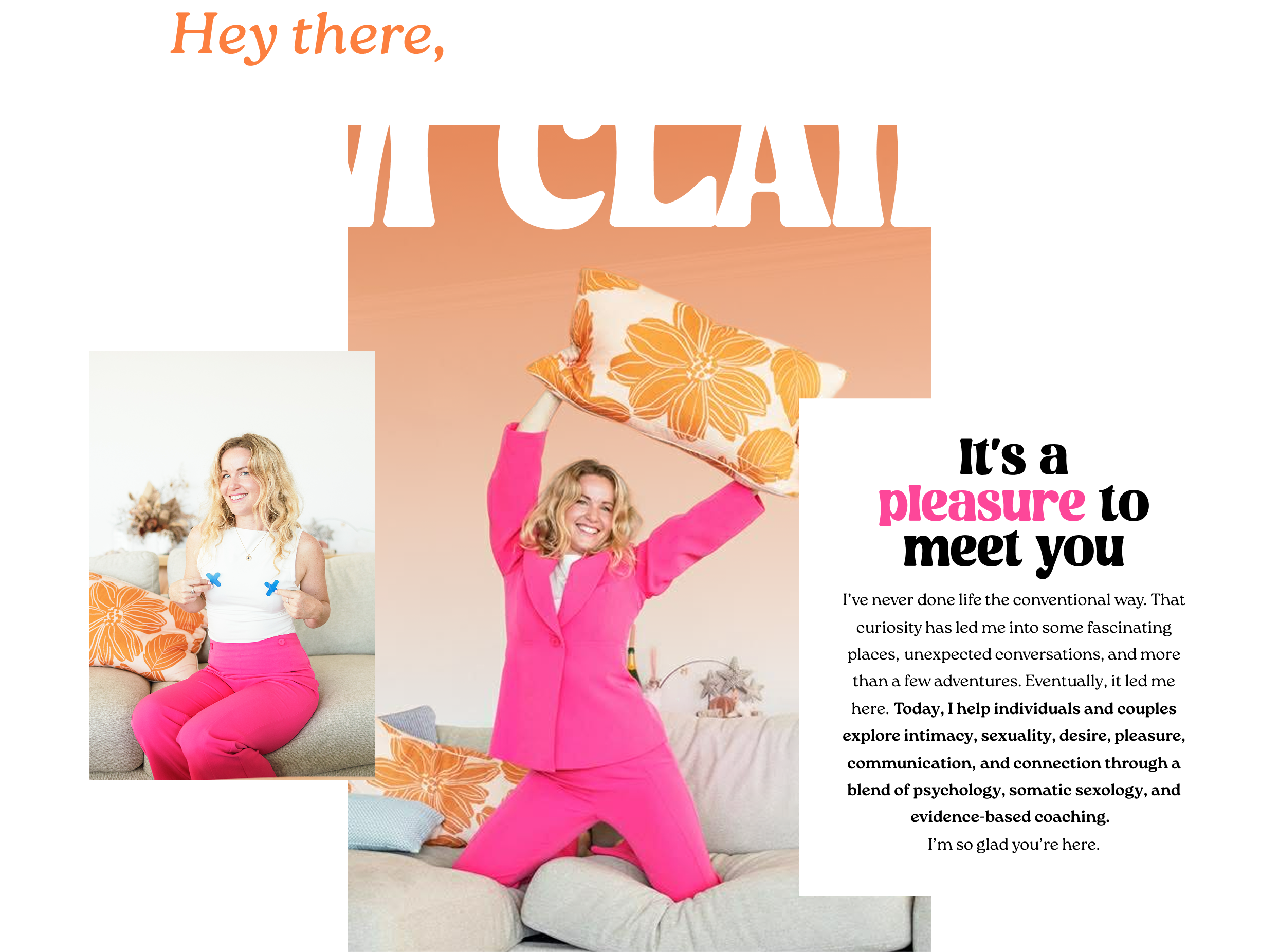 A woman with blonde hair is sitting on a beige couch, wearing a white tank top and bright pink pants, and holding a blue object. A woman in a pink suit and pink pants is holding a floral pillow above her head, smiling.