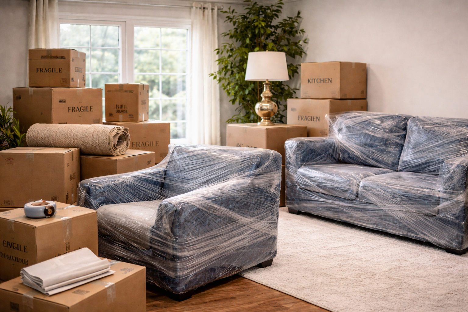 Living room with packed furniture and moving boxes, two wrapped sofas, a wrapped armchair, a lamp, a rug on wood floor, and large windows in the background.