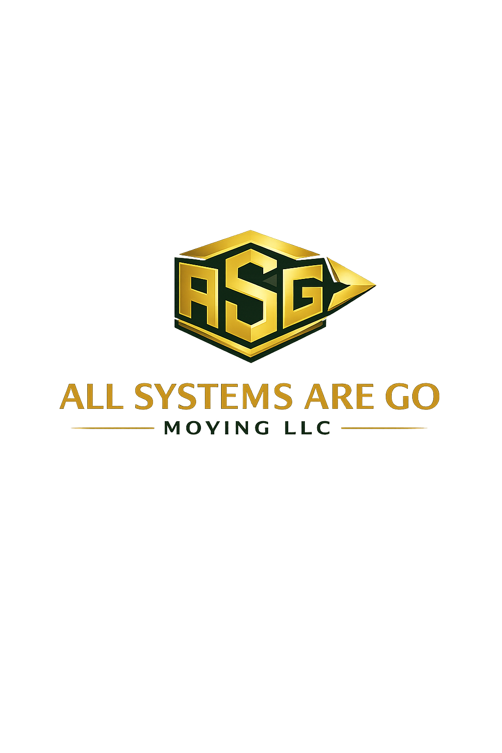 Logo for All Systems Are Go Moving LLC with a black background and colorful light streaks, featuring a yellow and green shield-shaped emblem with the initials 'ASG' and the company name in gold lettering.