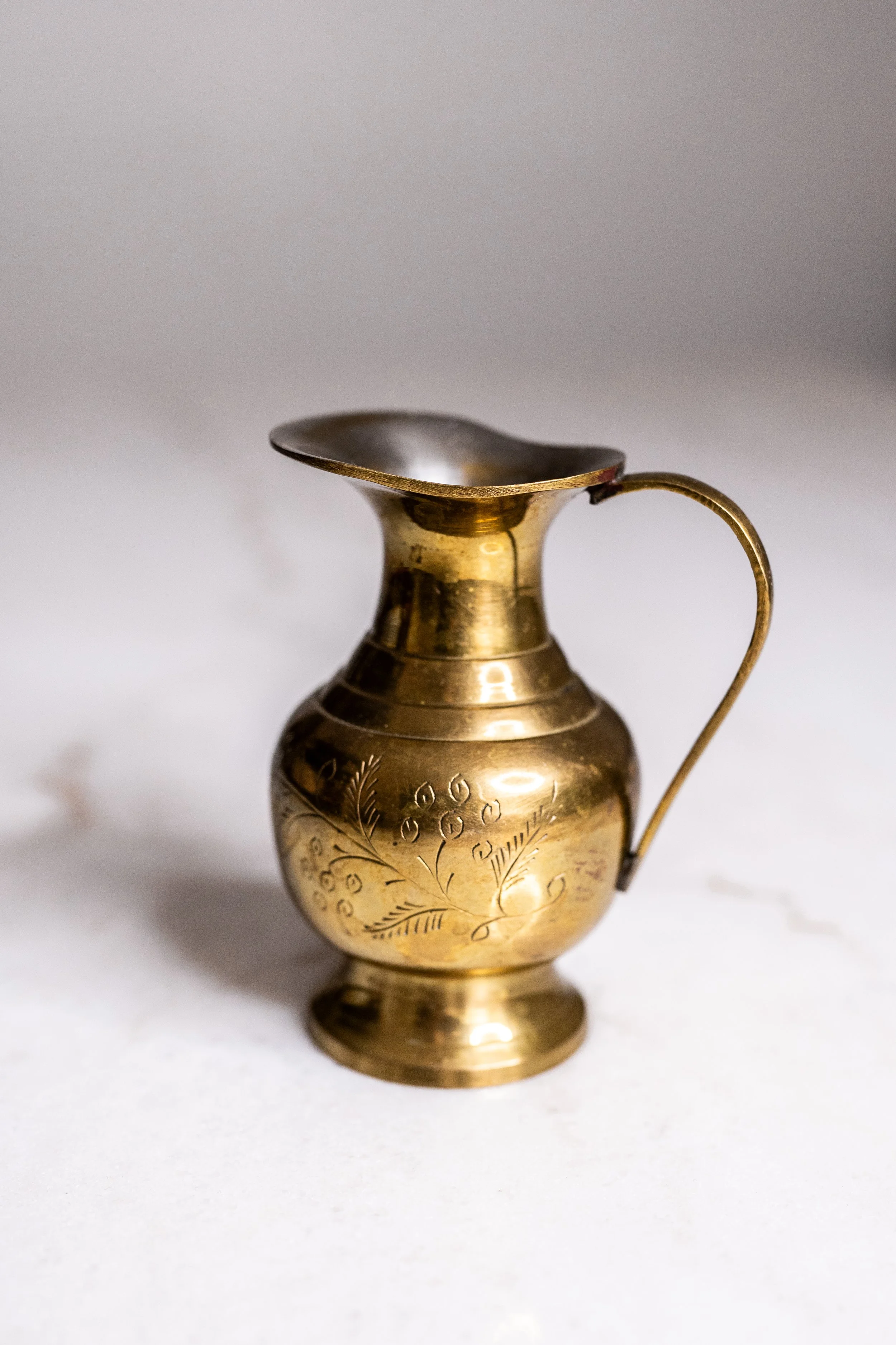 Hand-Engraved Solid Brass Floral Ewer Vase with Handle