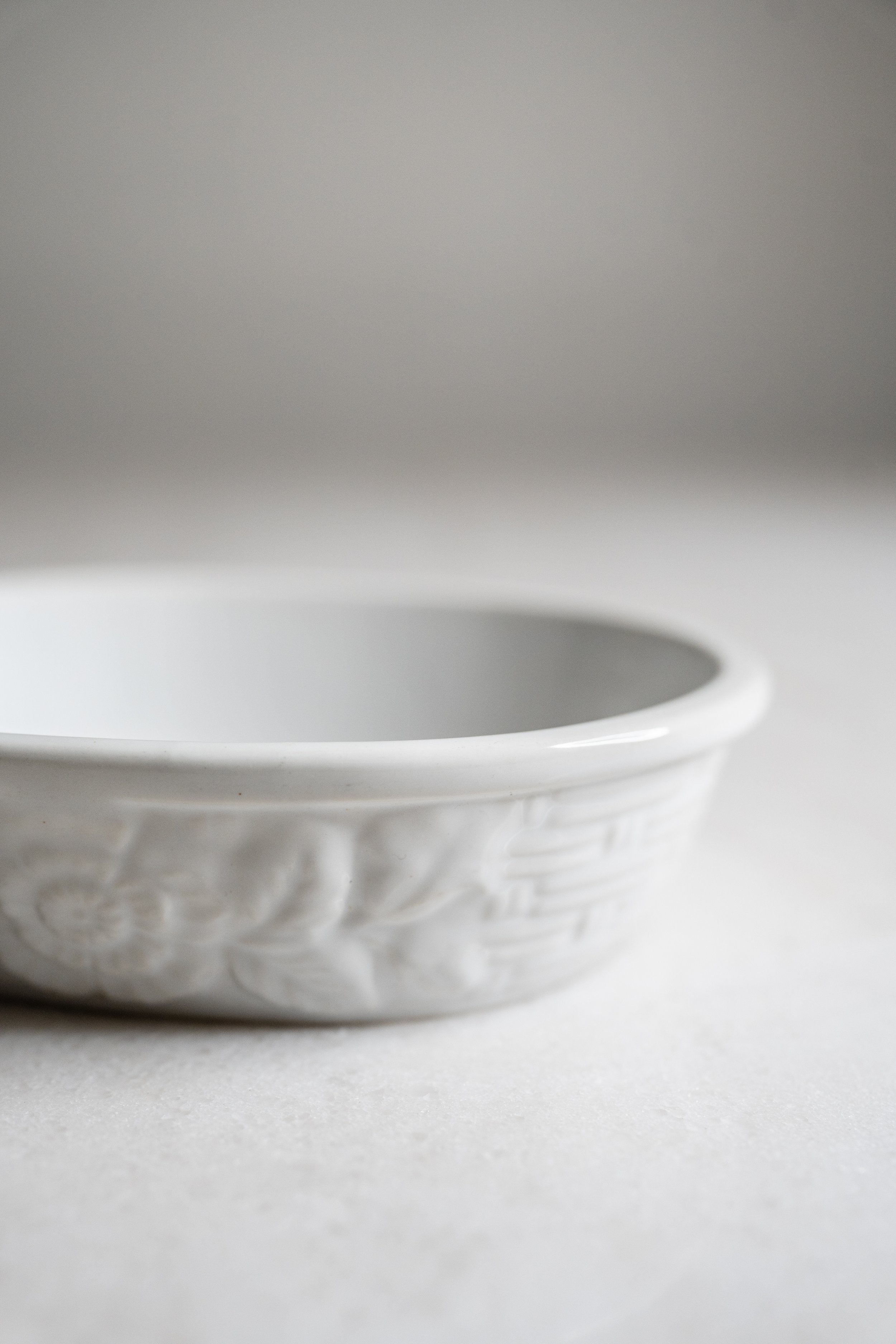 Vintage Embossed White Ceramic Oval Baking Dish