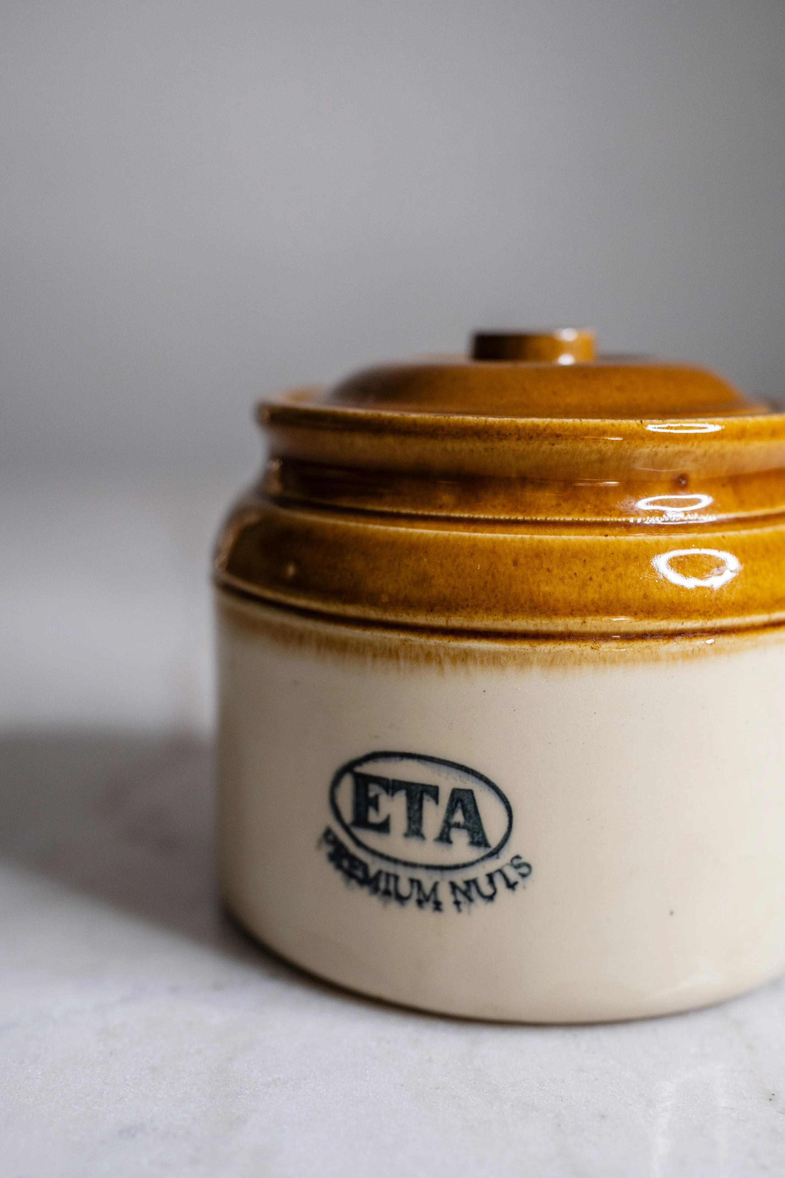 Vintage Bendigo Pottery ETA Premium Nuts Promotional Stoneware Canister with Ceramic Lid