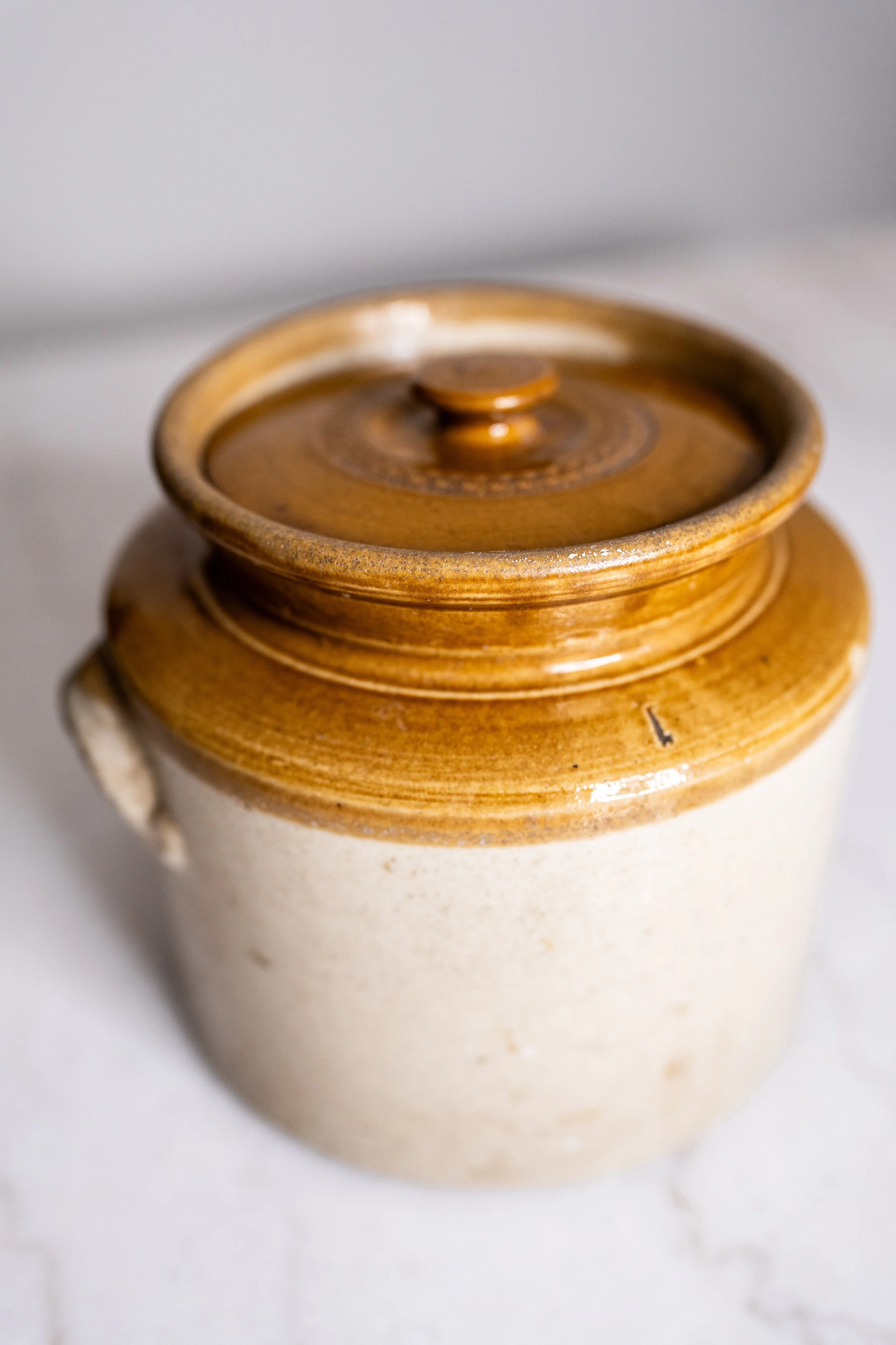 Vintage Large Two-Tone Stoneware Bread Crock – Authentic Stamped Lidded Storage Jar