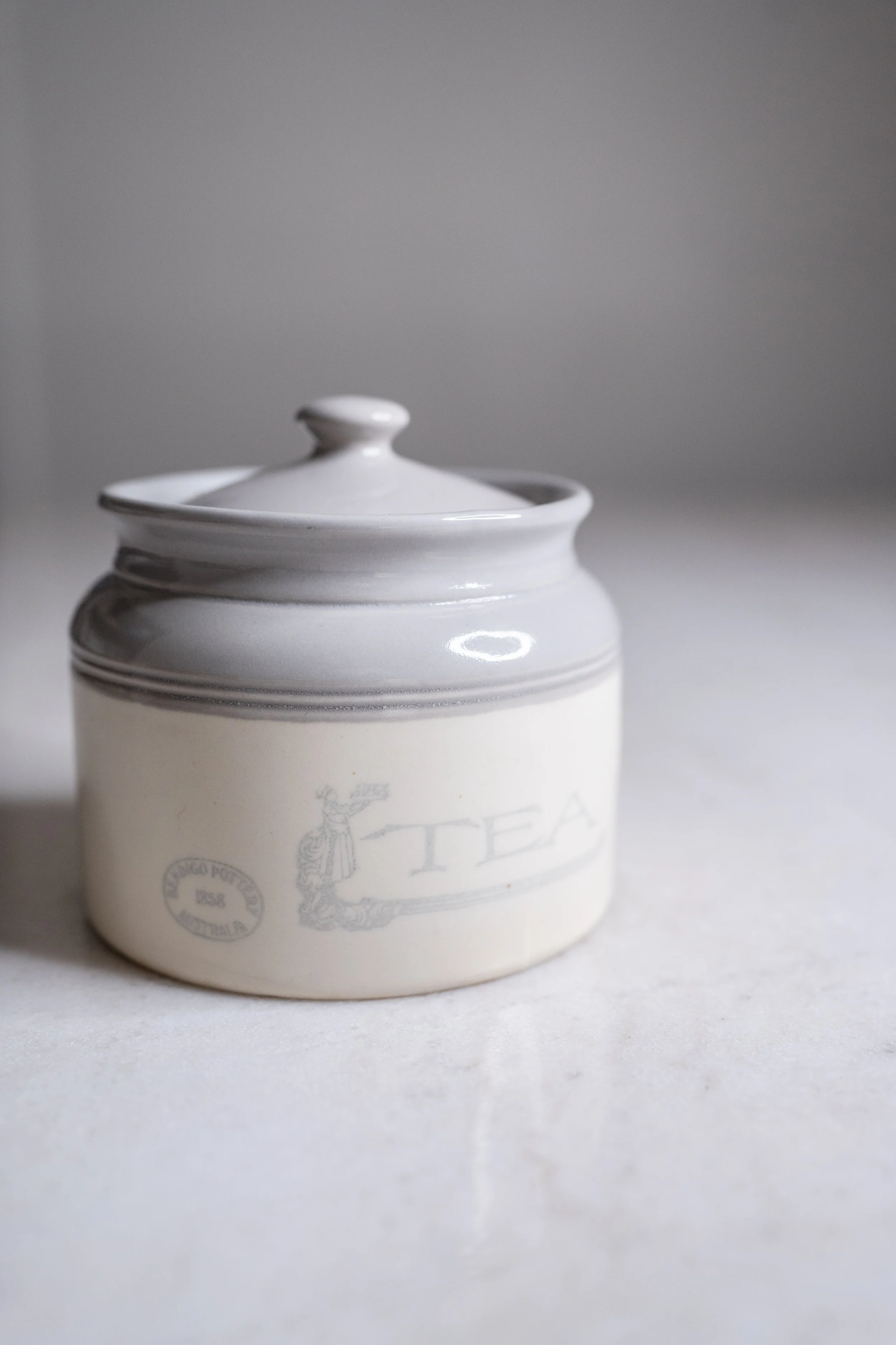 Vintage Bendigo Pottery White and Grey TEA Ceramic Canister