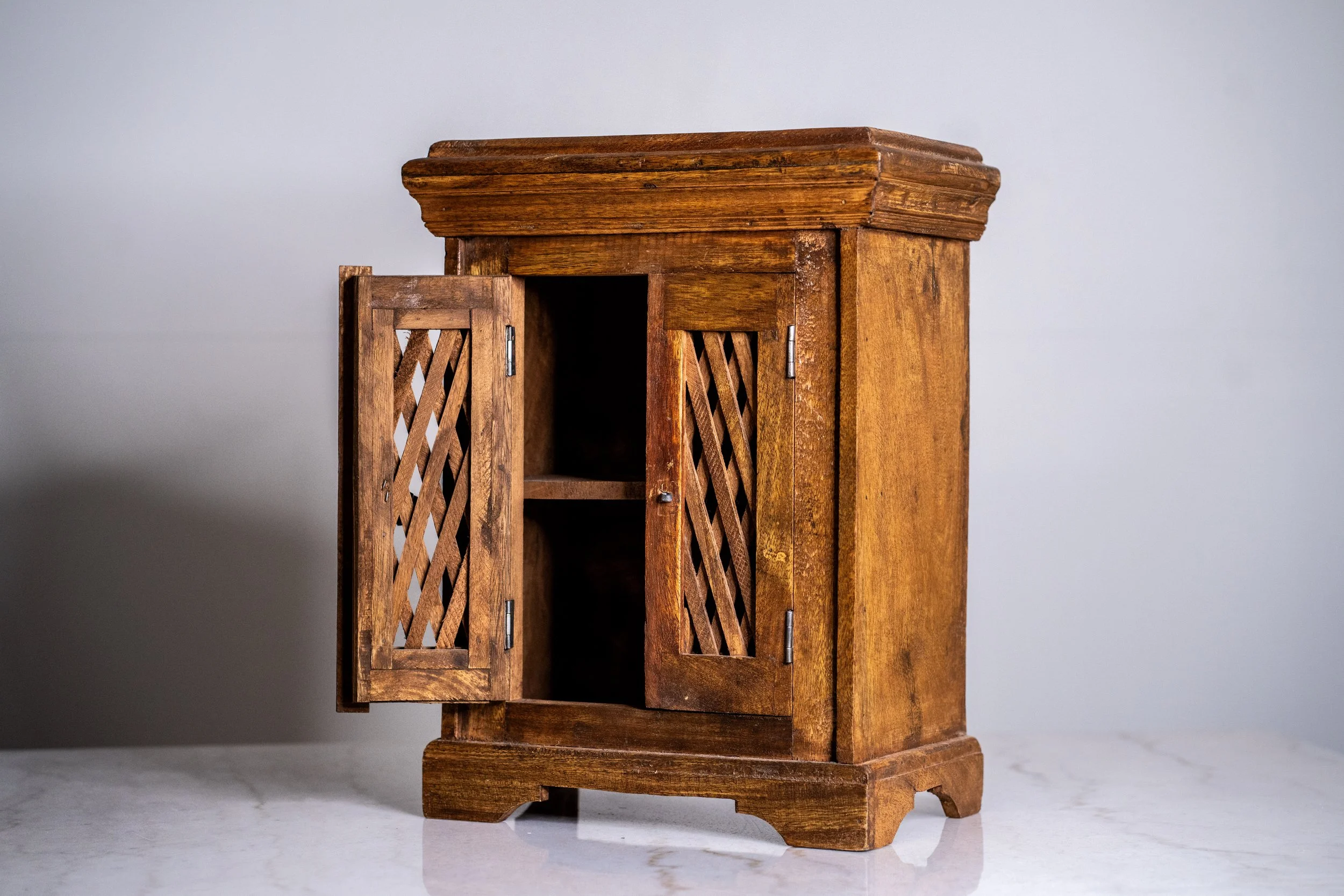 Vintage Rustic Hand-Carved Wood Mini Cabinet with Lattice Doors