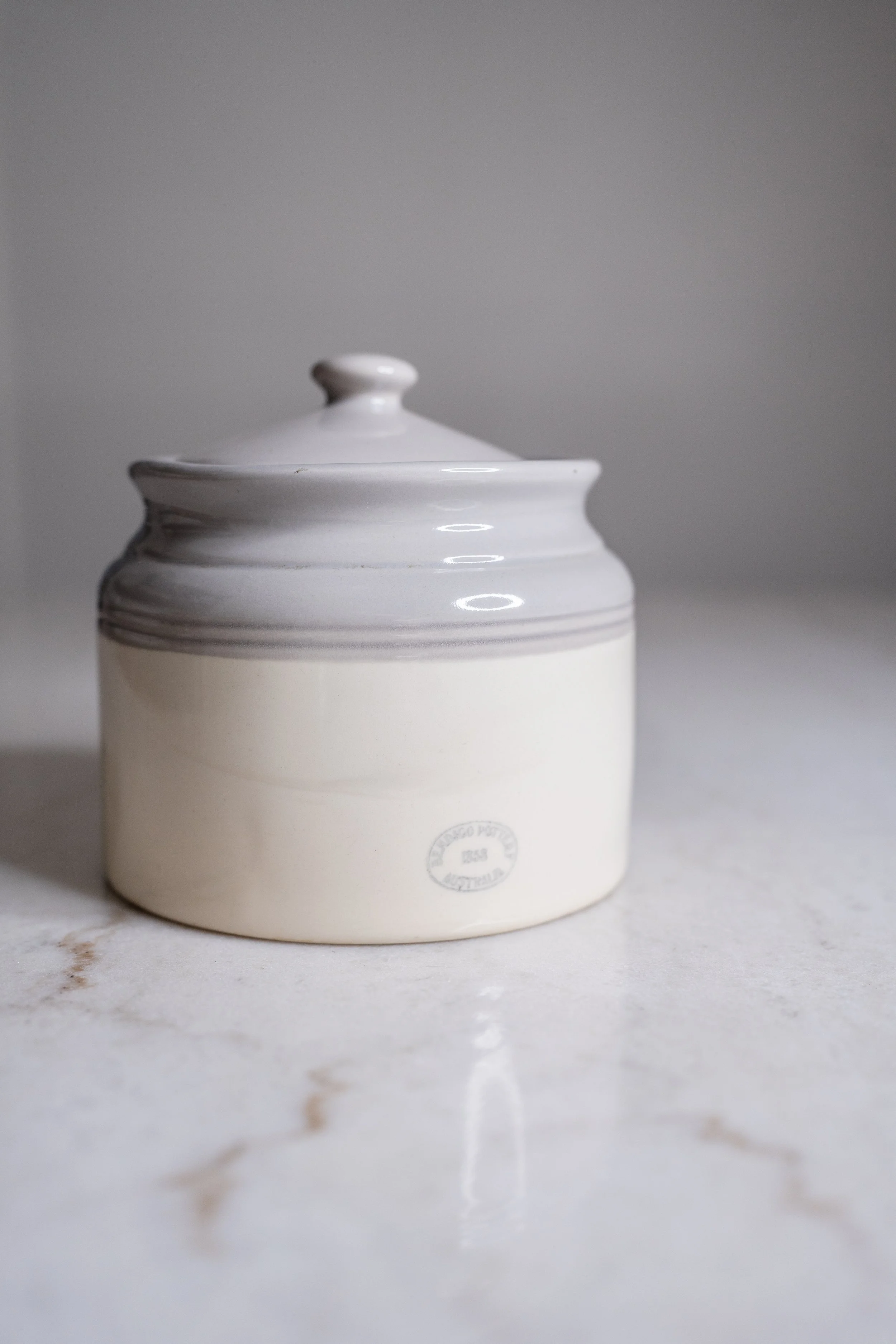 Vintage Bendigo Pottery White and Grey Ceramic Canister with Lid