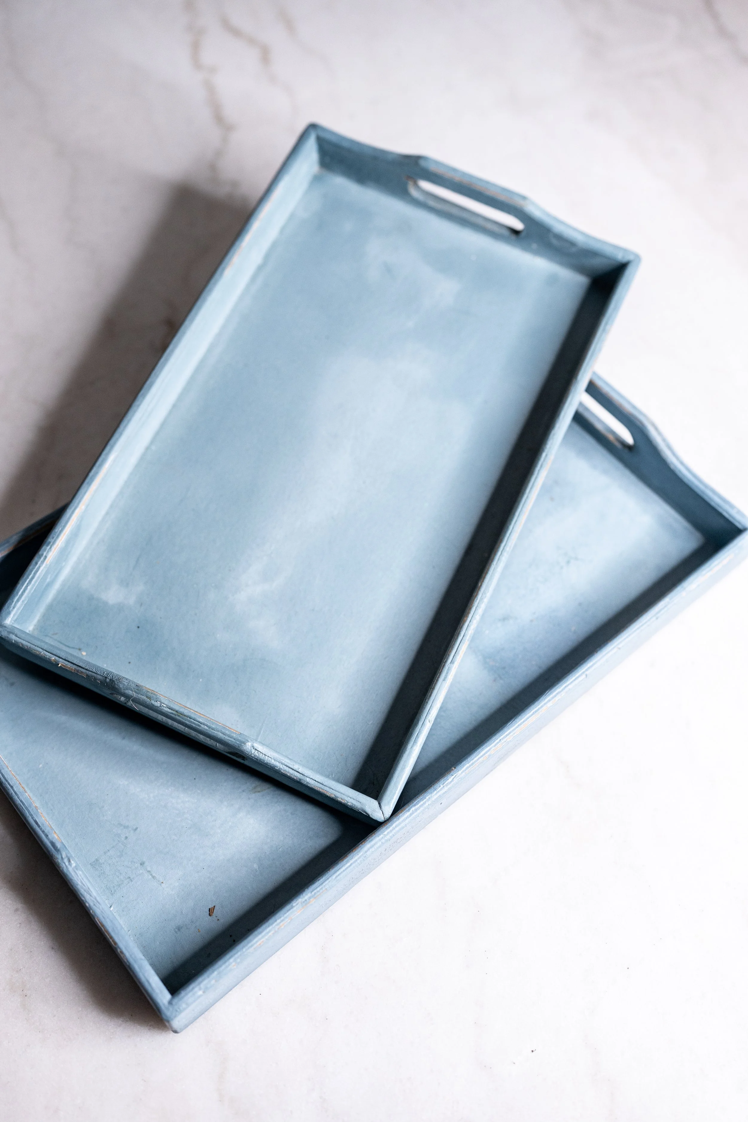 Pale Denim Blue Nesting Wood Serving Trays with Handles Set of 2