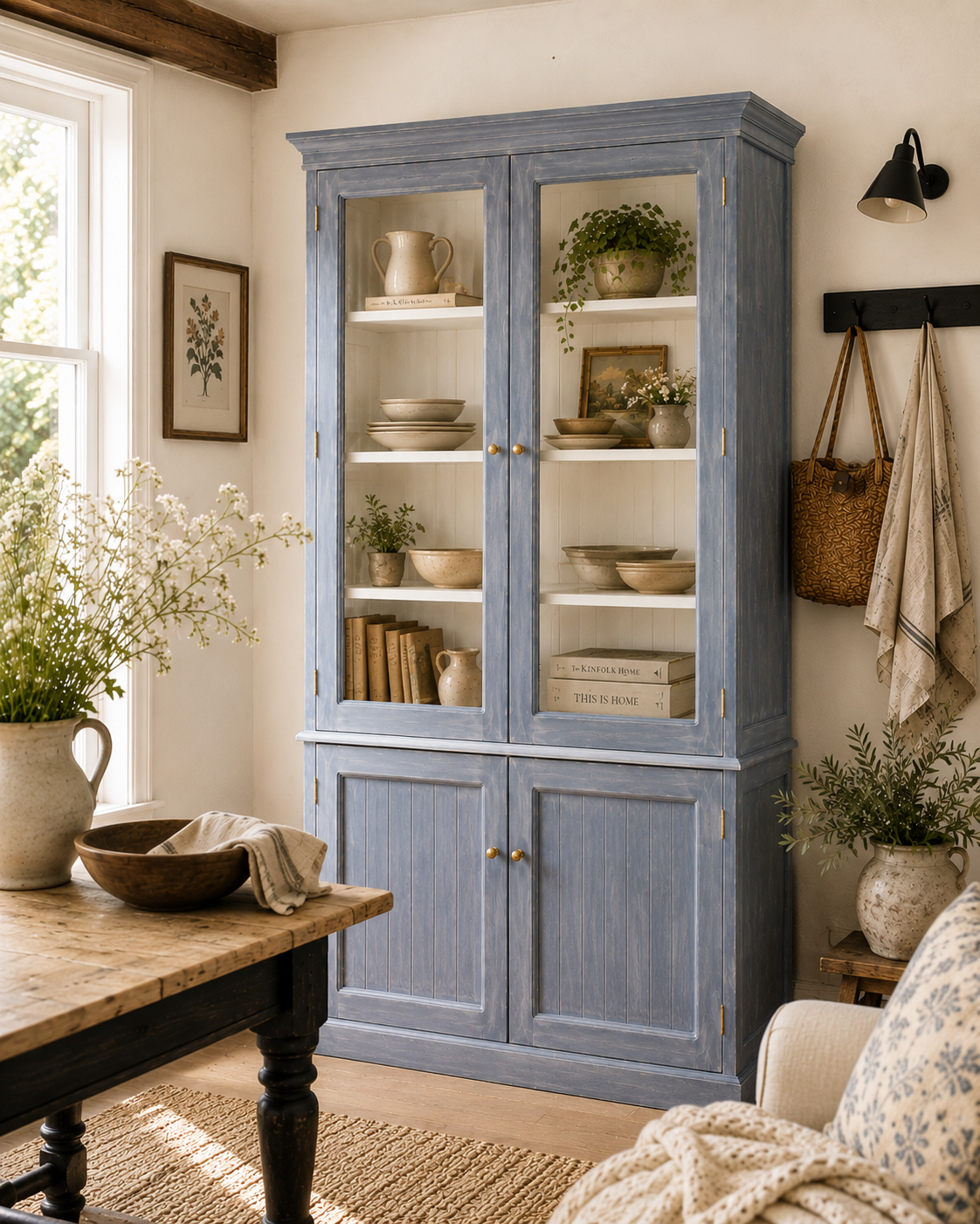 A blue wooden cabinet with glass doors displaying ceramics and books in a cozy, sunlit room.