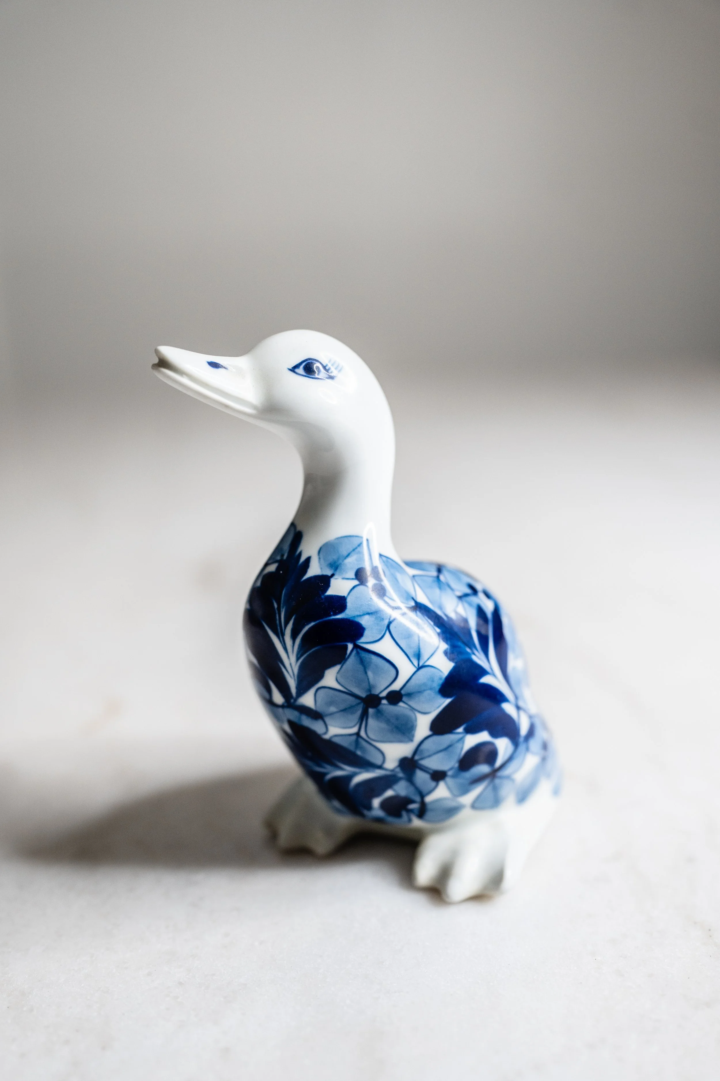 Vintage Blue and White Chinoiserie Ceramic Duck Figurine