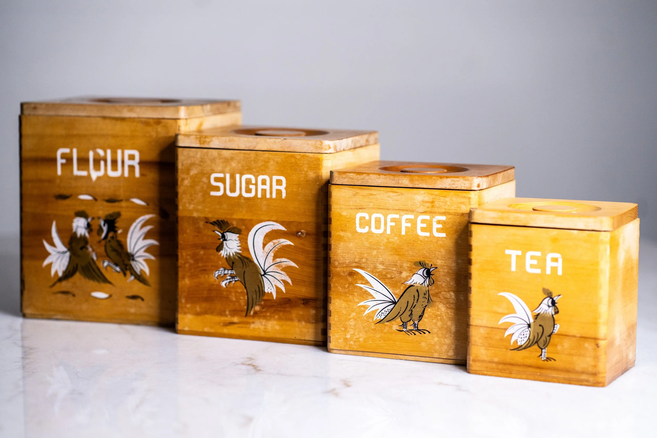 Vintage Mid-Century Hand-Painted Wooden Rooster Nesting Canister Set - Complete Set of 4