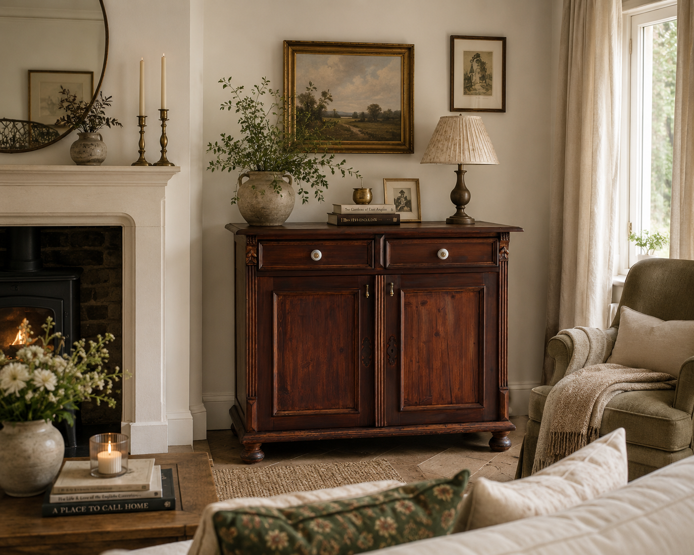 Living room with a fireplace on the left, a wooden cabinet with decorative items on top, framed pictures and paintings on the wall, a table with books and candles, a beige armchair with a throw blanket, and curtains by a window with green scenery outside.
