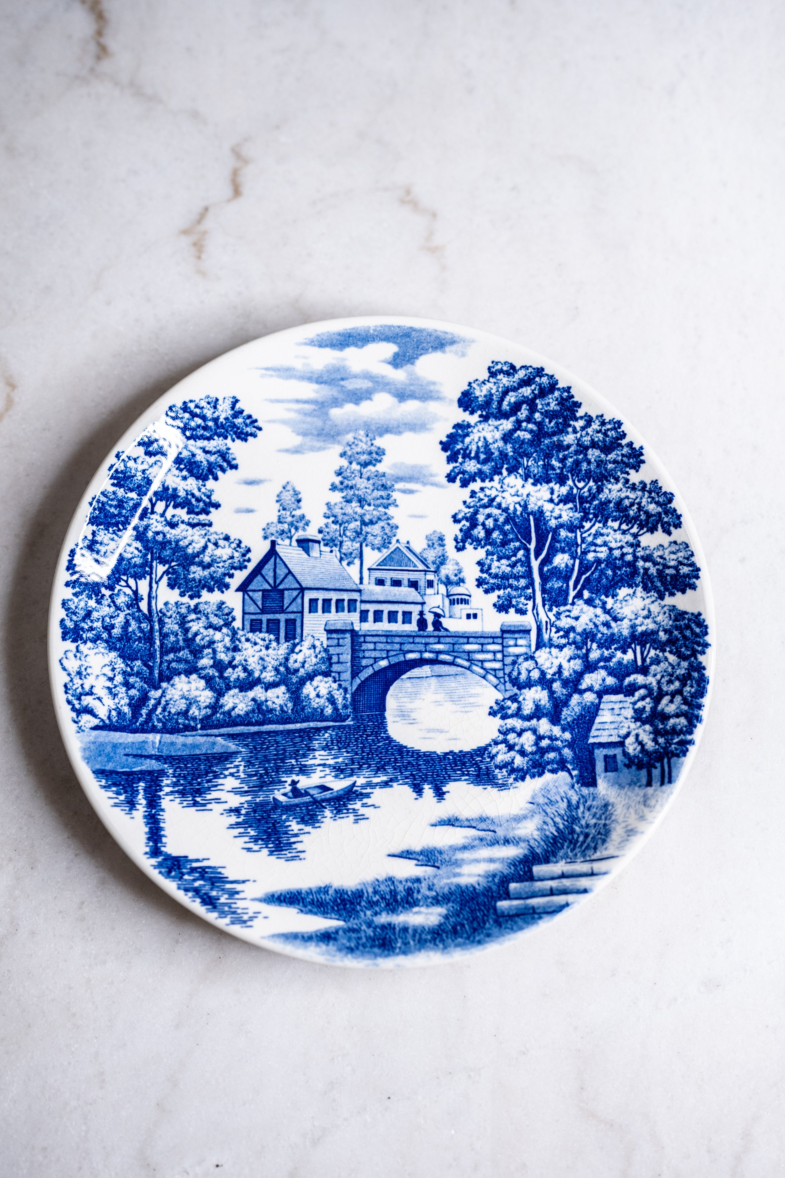Vintage Japanese Ironstone Blue Stone Bridge Serving Plate