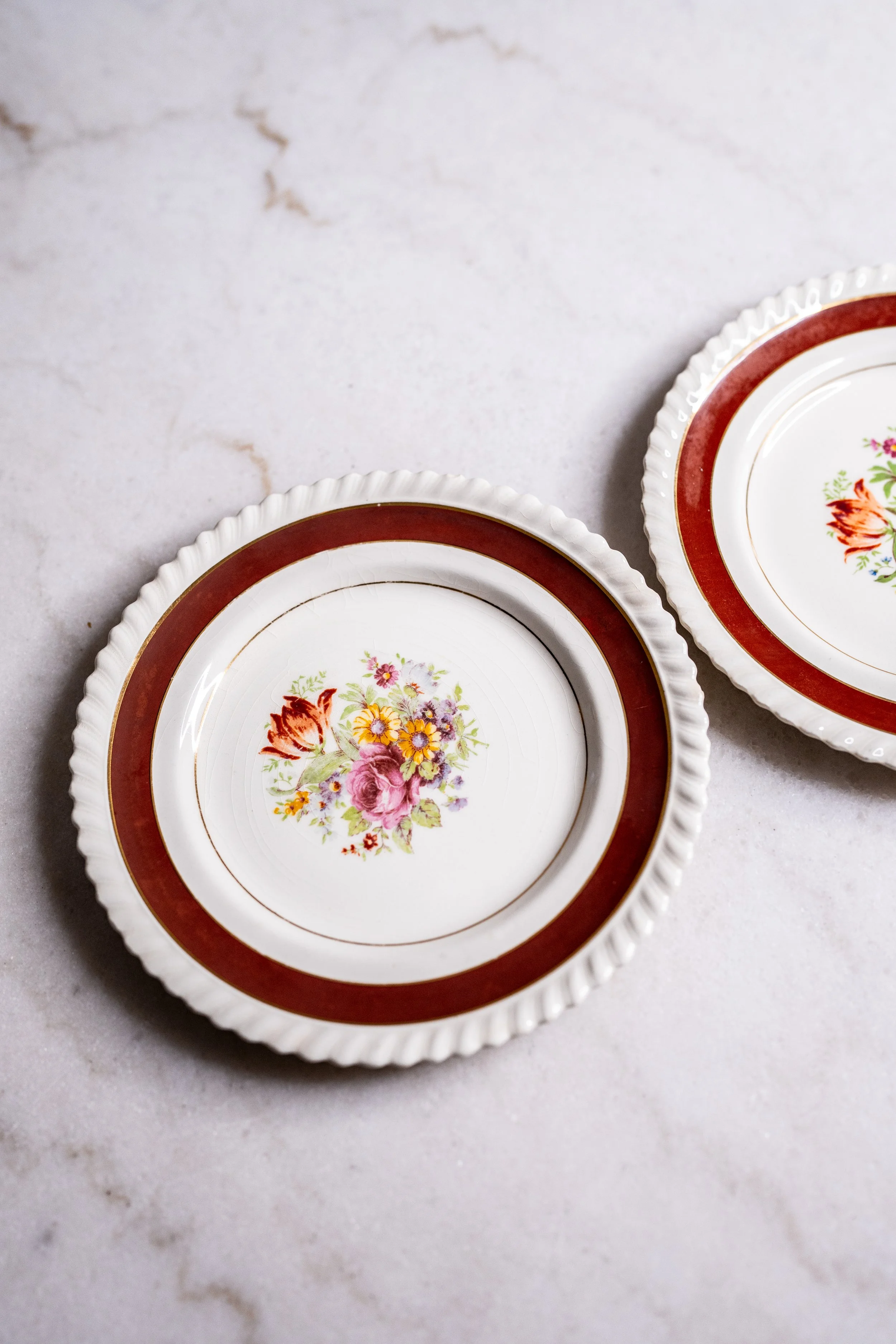 1930s Johnson Bros England Burgundy Scalloped Side Plates