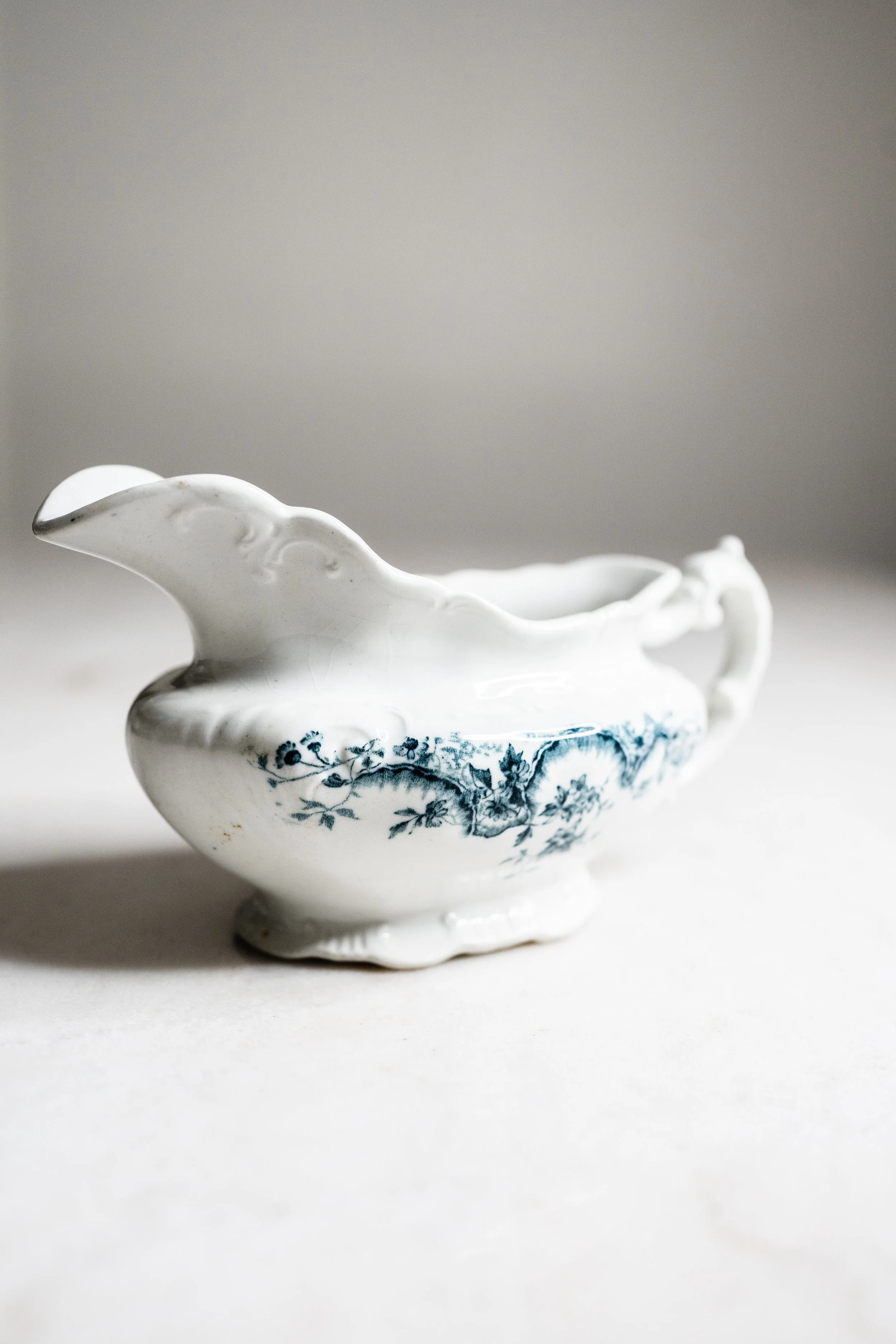 Vintage Floral Blue and White Ironstone Style Gravy Boat