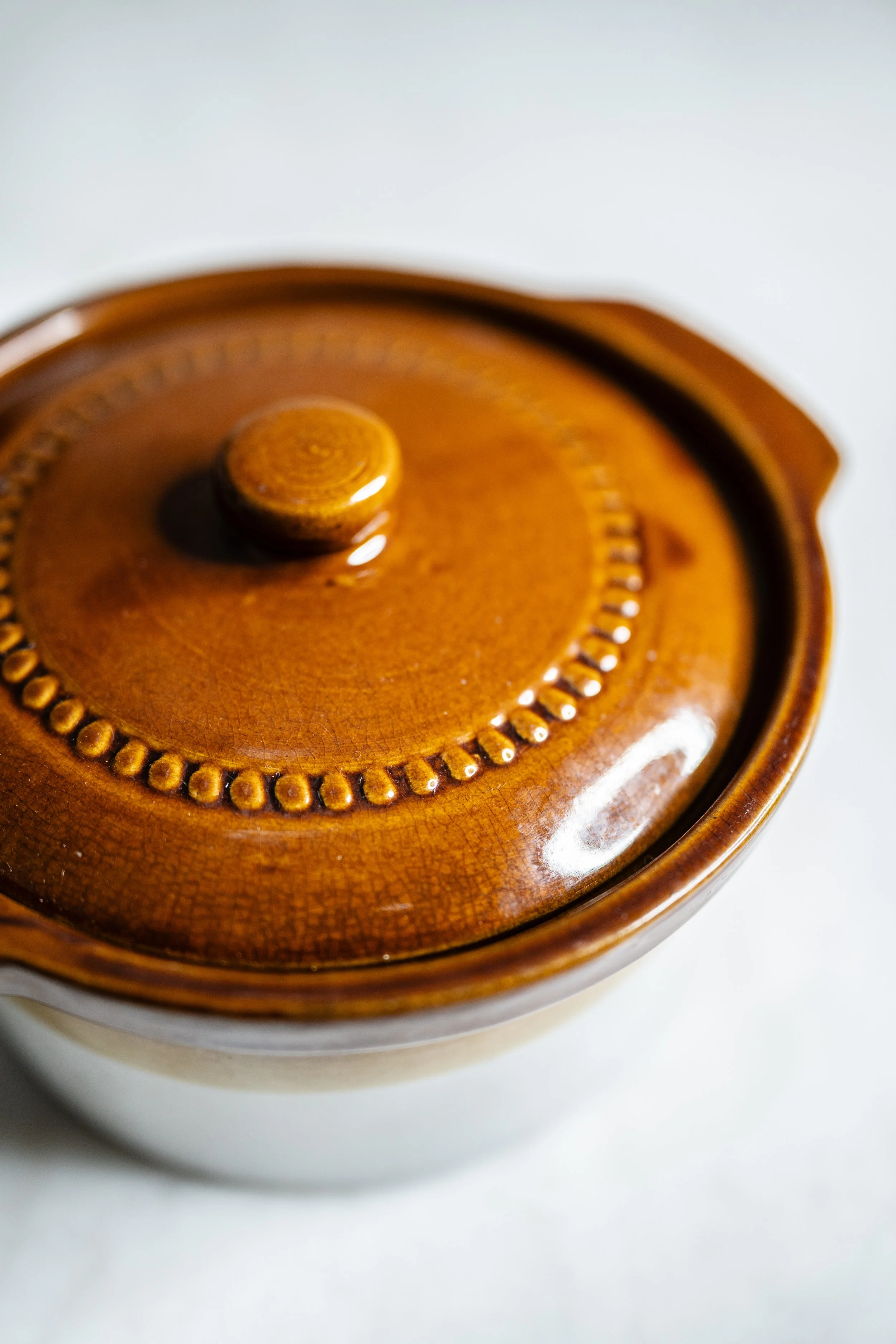 Vintage Two-Tone Stoneware Lidded Casserole Dish