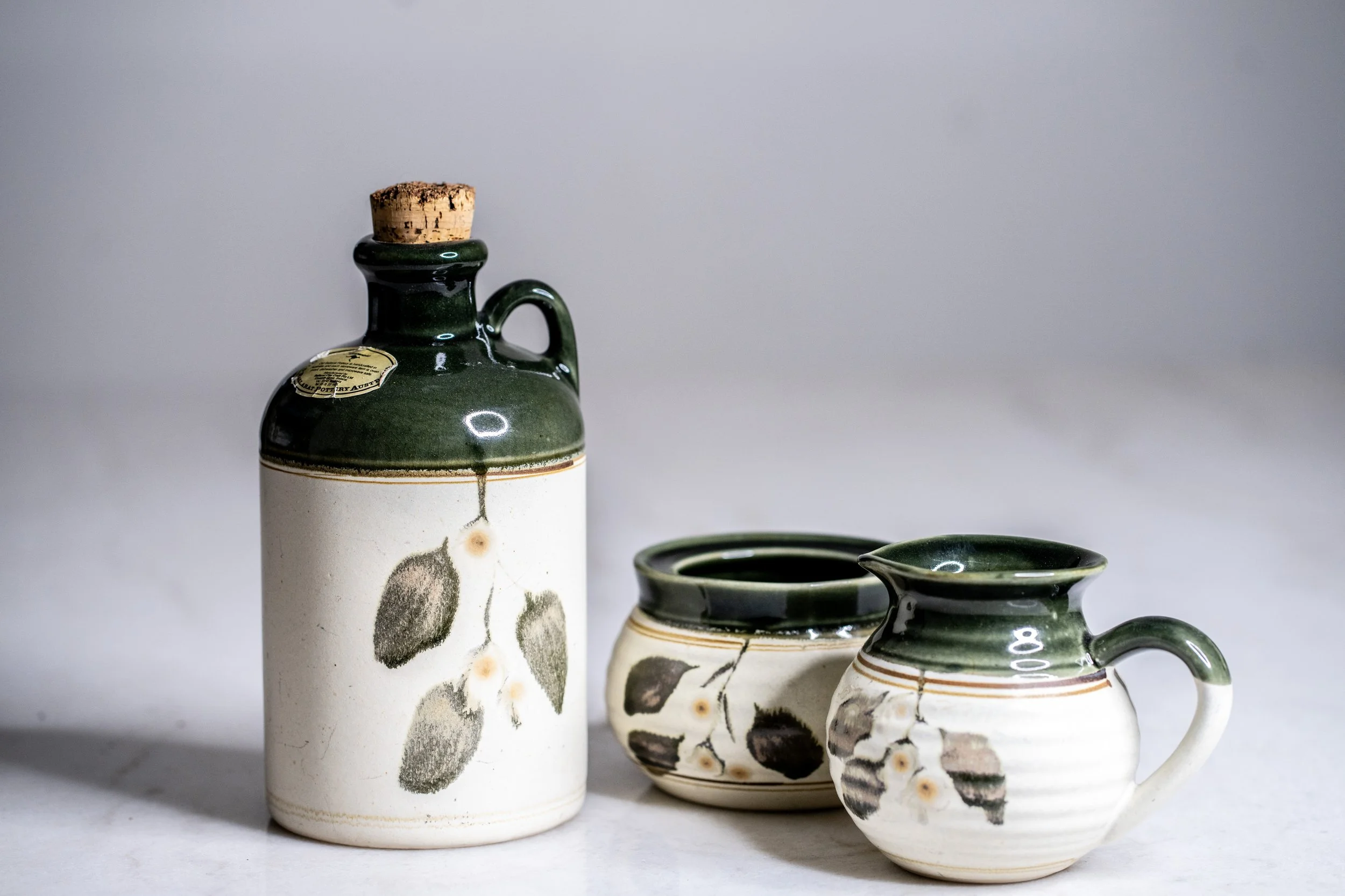 Vintage Old Ballarat Pottery 3-Piece "Gum Leaf" Tableware Set