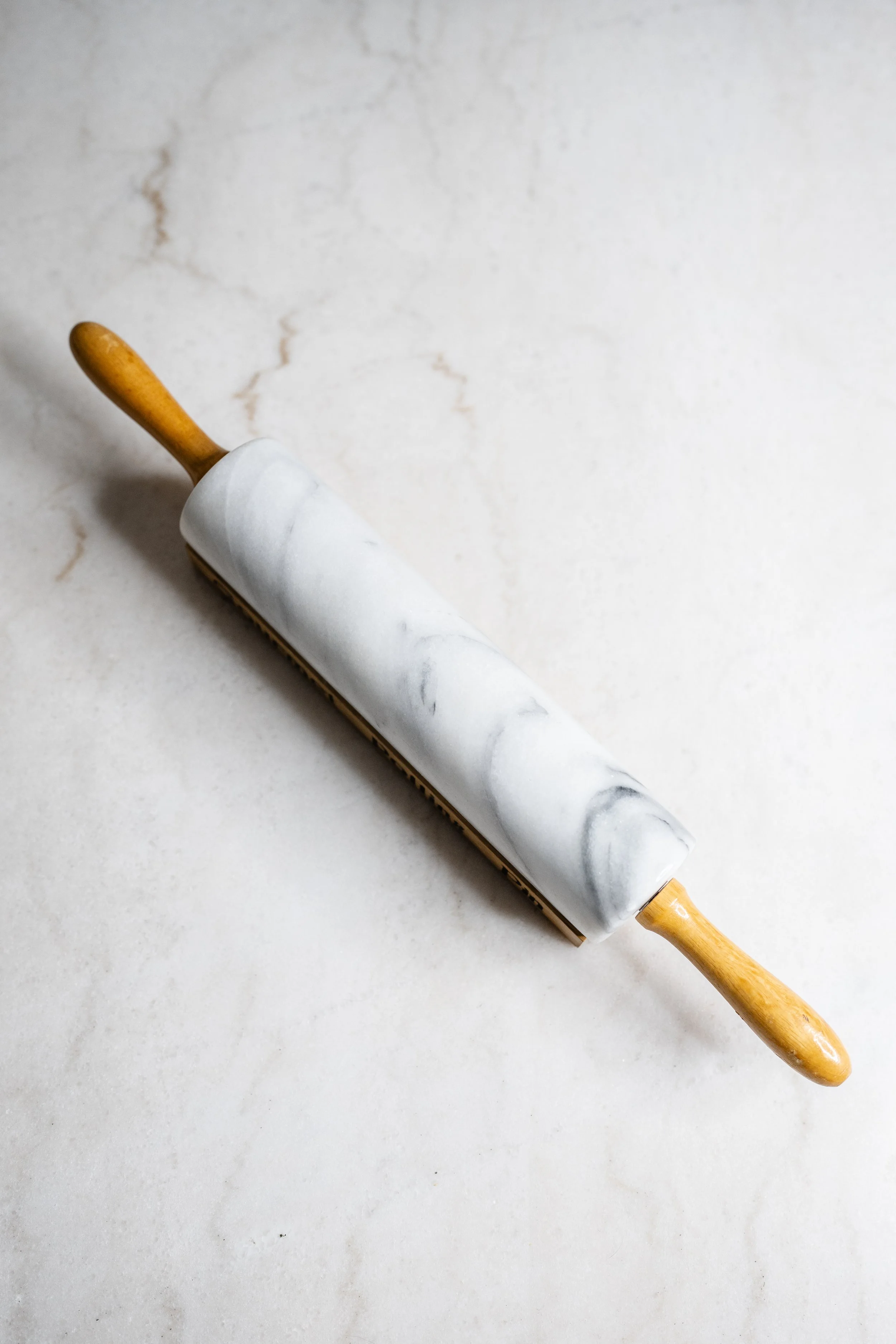 Vintage White Marble Rolling Pin with Wooden Handles and Cradle
