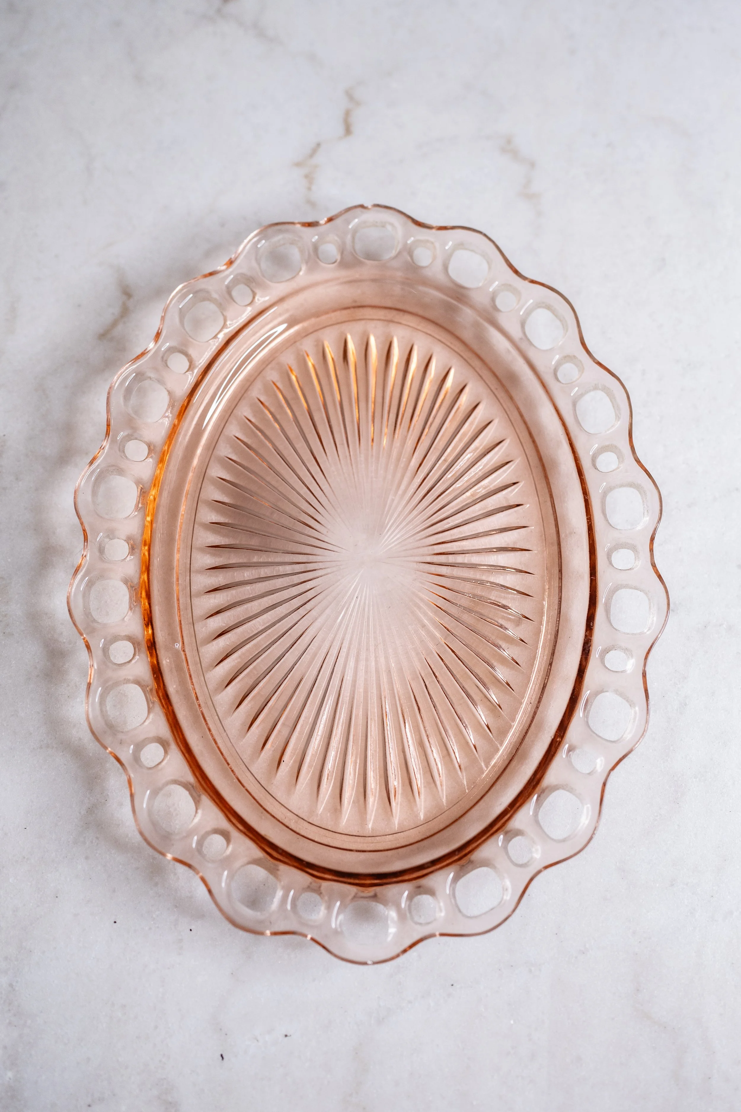 Vintage Pink Depression Glass Open Lace Serving Platter