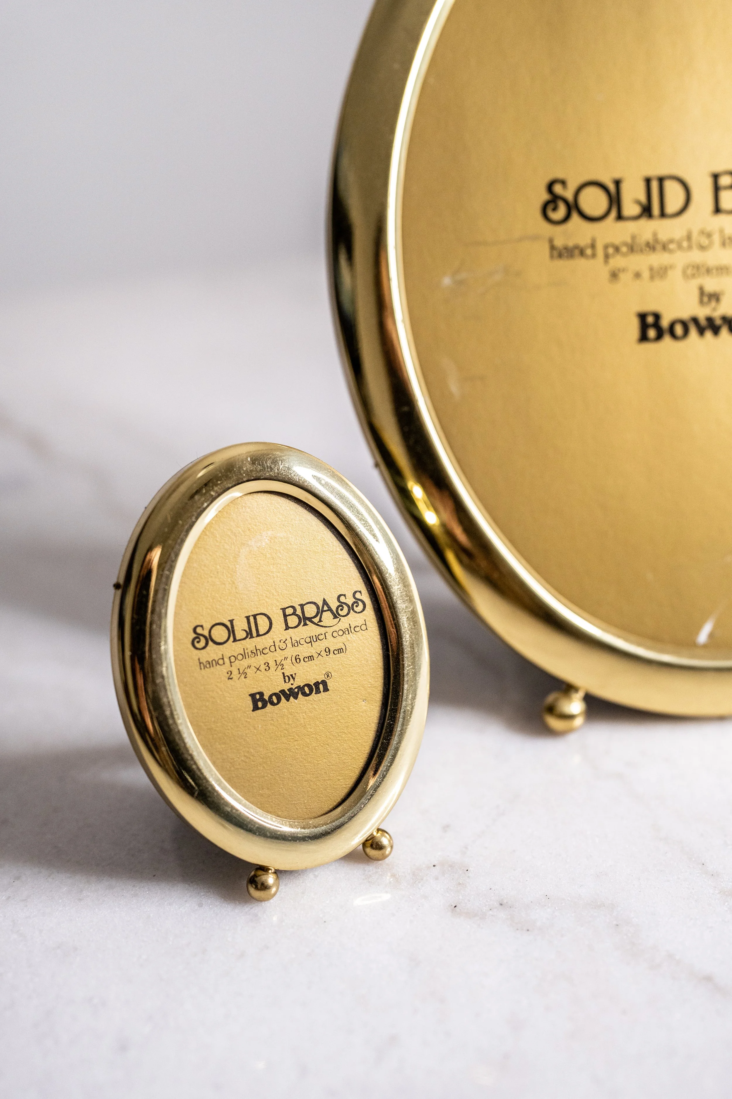 Vintage Bowon Solid Brass Oval Photo Frames - Matching 2-Piece Set Miniature Ball Feet