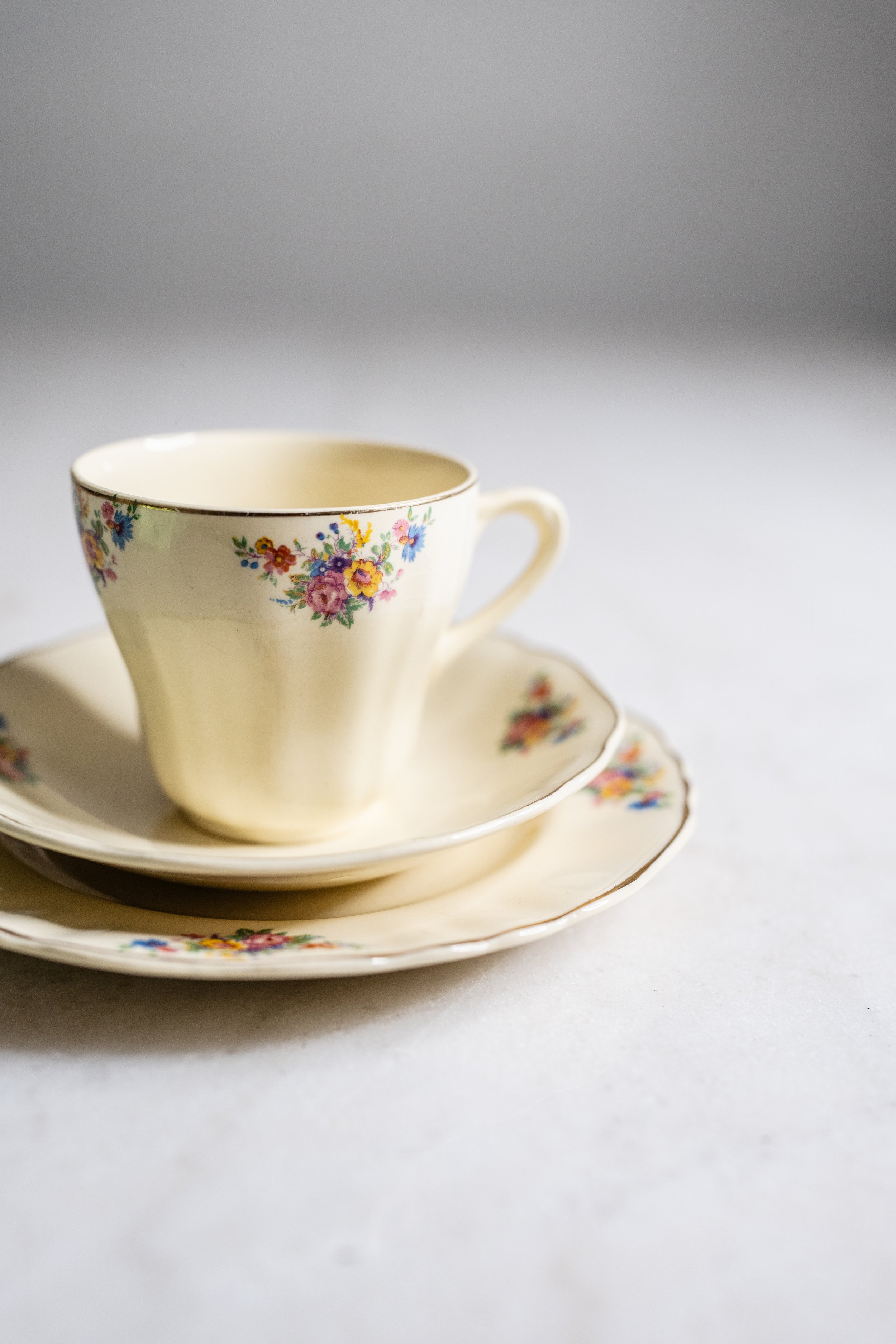 Antique J&G Meakin Sunshine English Ironstone Teacup Trio