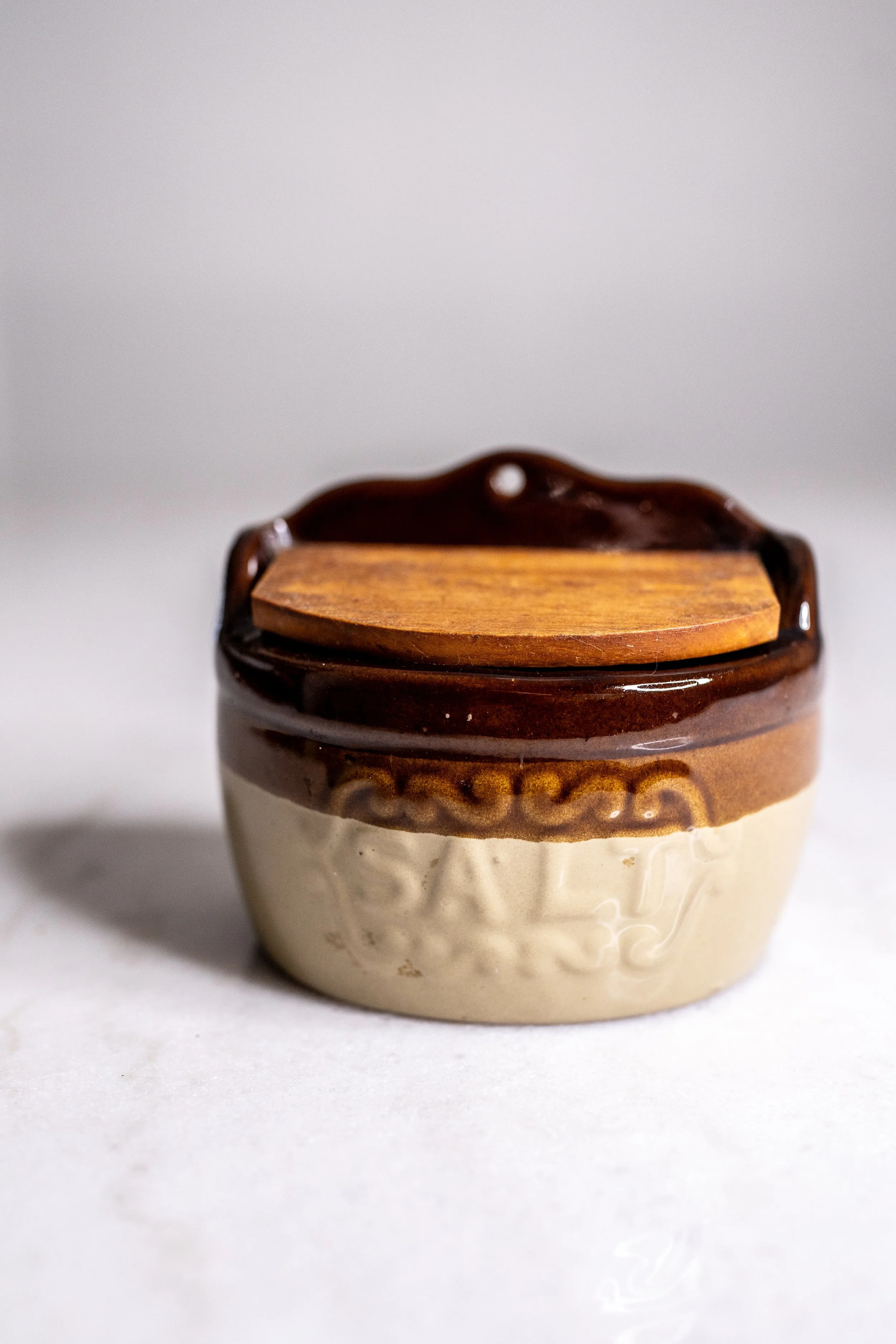 Vintage Pearson's of Chesterfield Two-Tone Stoneware Salt Pig / Cellar with Wooden Lid