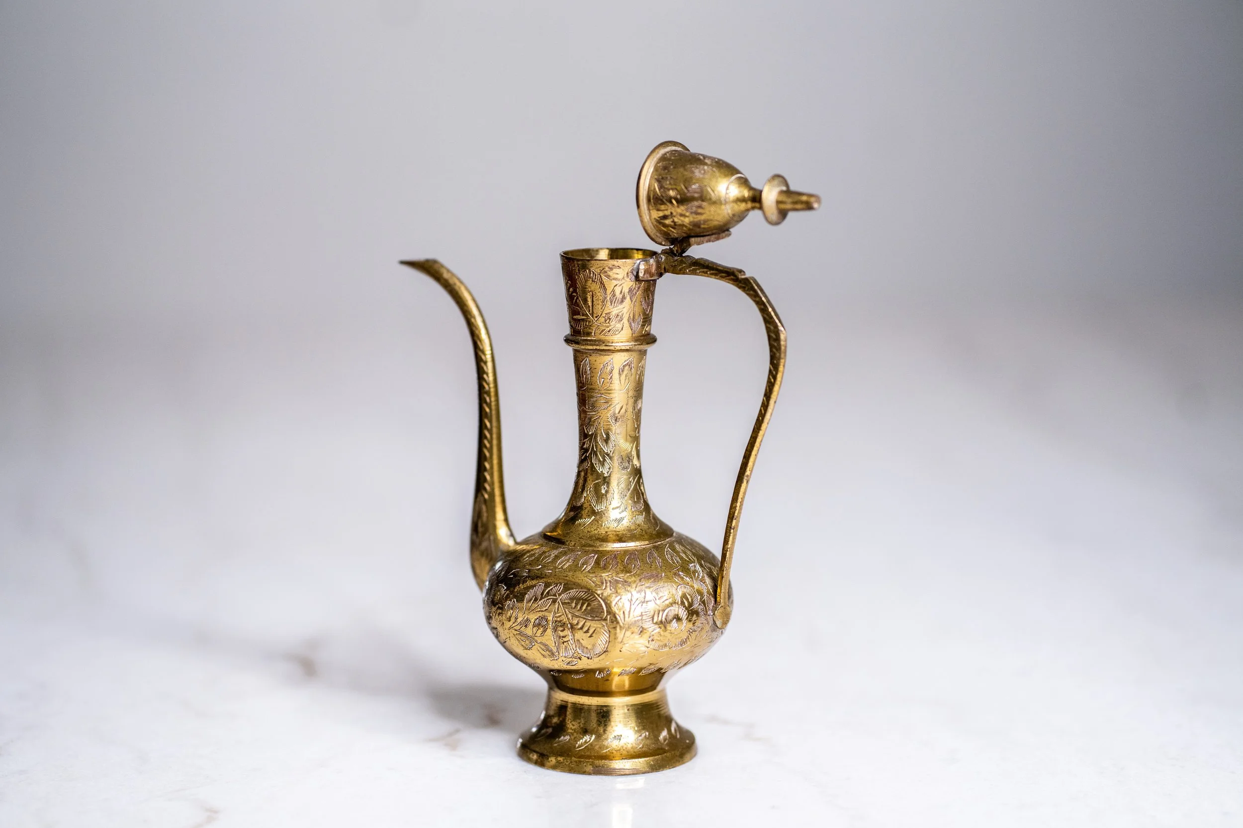 Vintage Ornate Etched Brass Aftaba Ewer with Hinged Lid