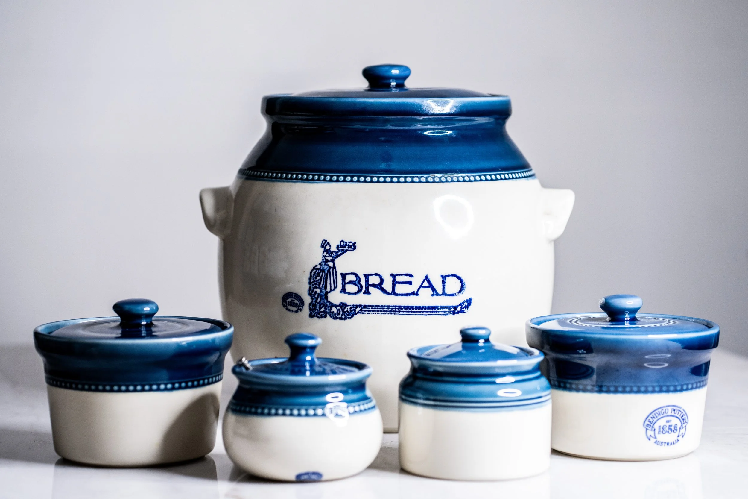 Vintage Bendigo Pottery Heritage Blue Canister Set – Large Bread Crock & 4x Matching Lidded Jars