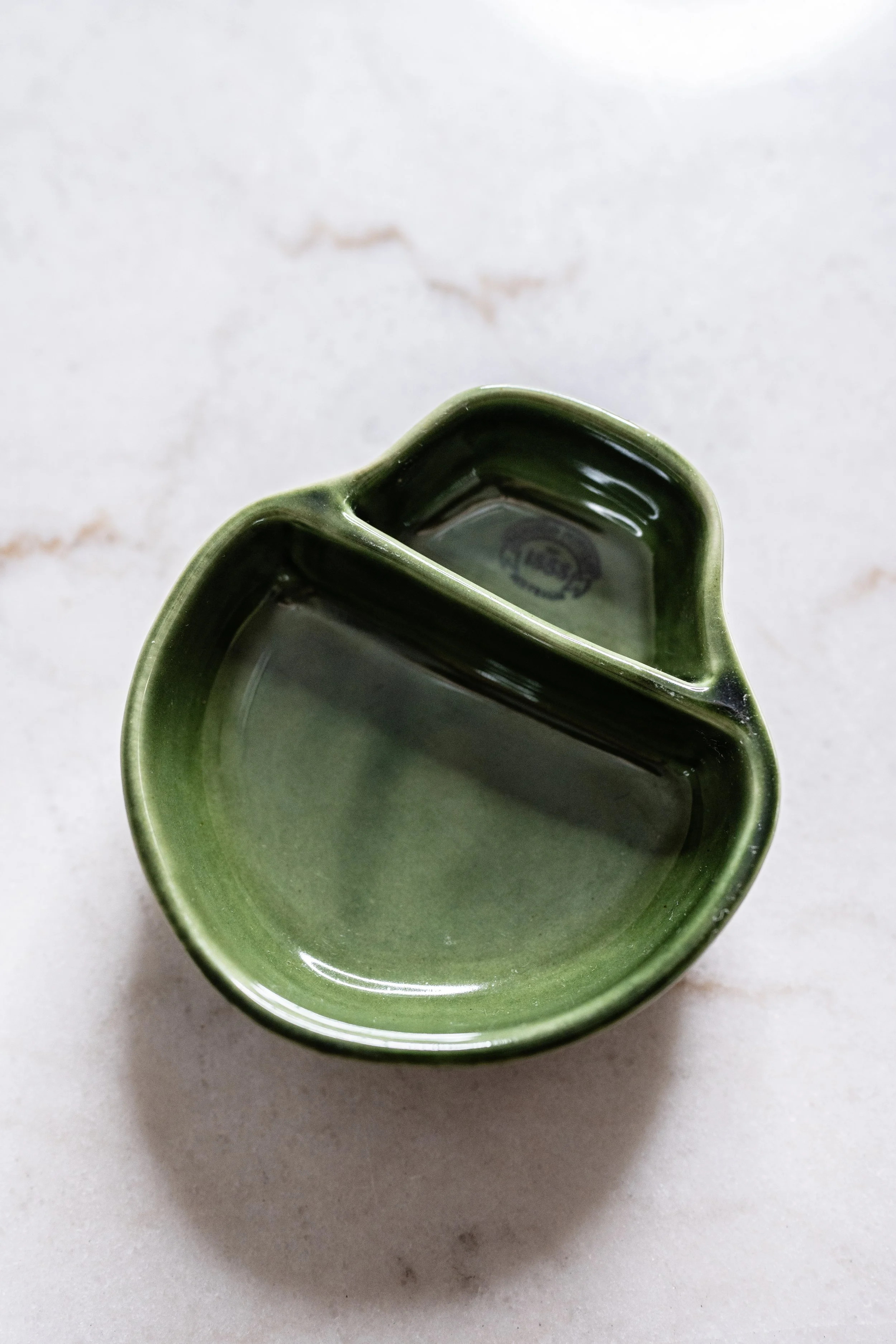 Vintage Bendigo Pottery Green Ceramic Divided Nibble Dish