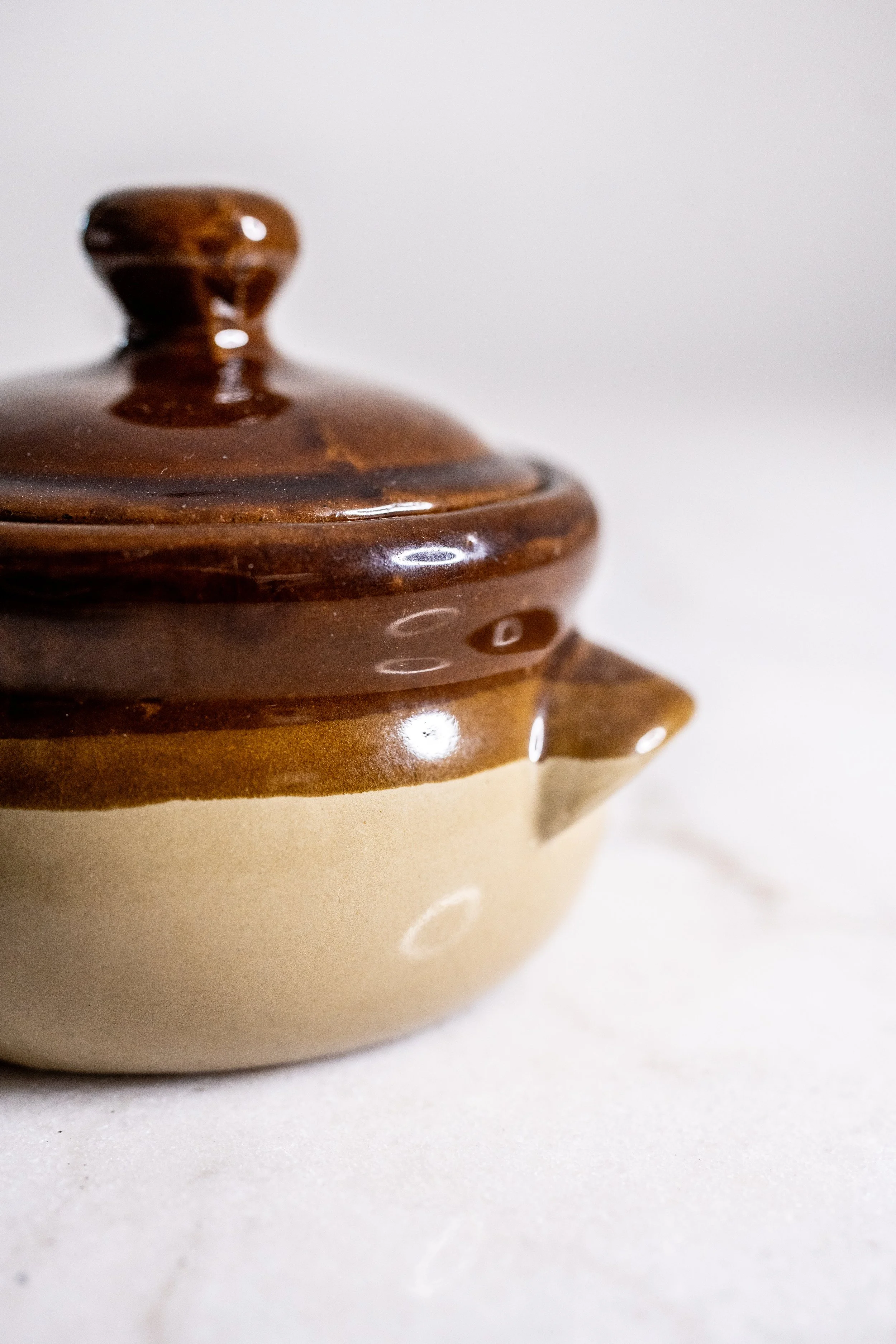 Vintage Miniature Stoneware Bean Pot - Individual Small Brown & Cream Lidded Pot Taiwan