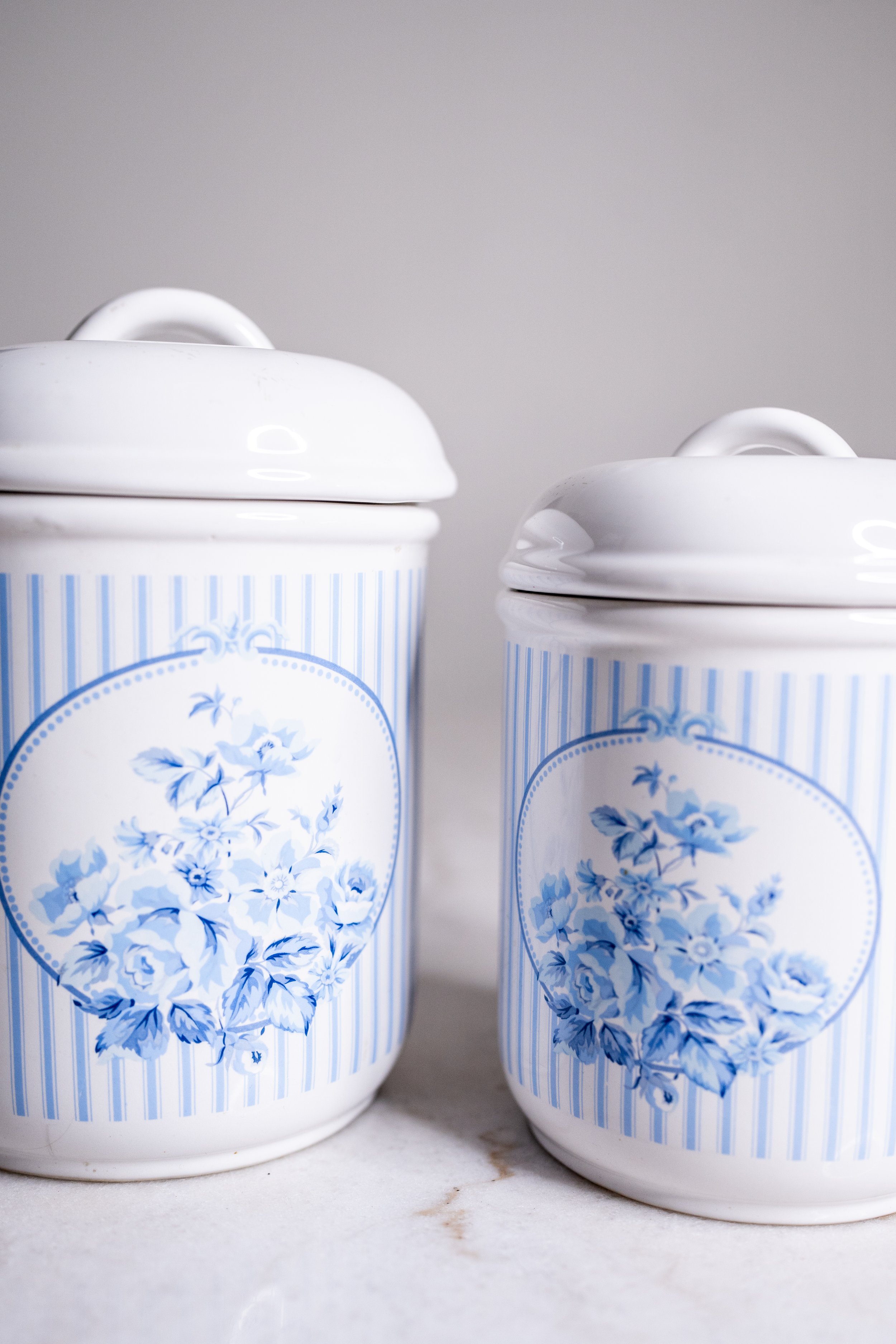 Blue Floral Striped Ceramic Canister Set with Lids