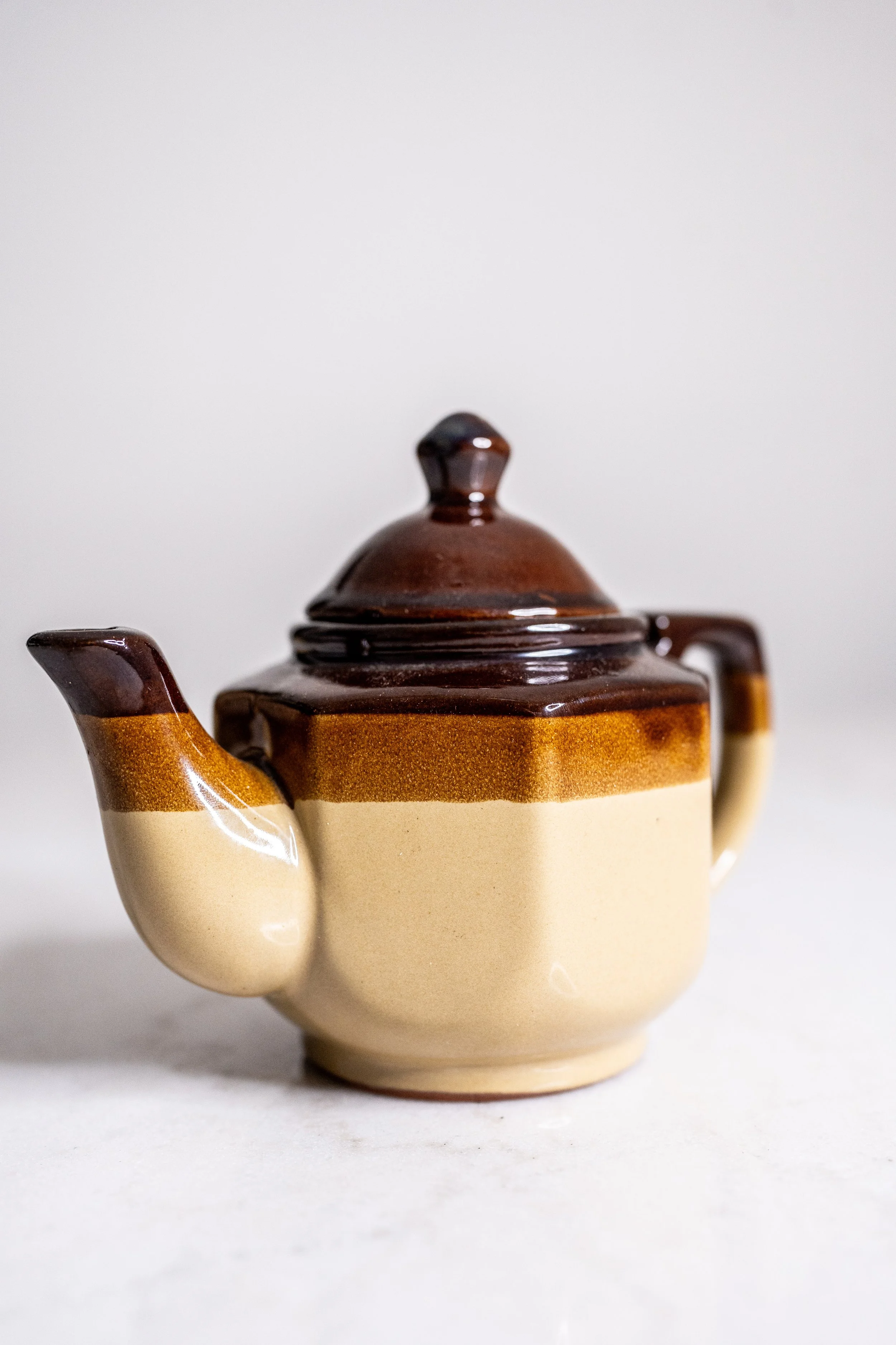 Vintage Hexagonal Stoneware Teapot - Retro Brown, Tan & Cream 1970s Ceramic