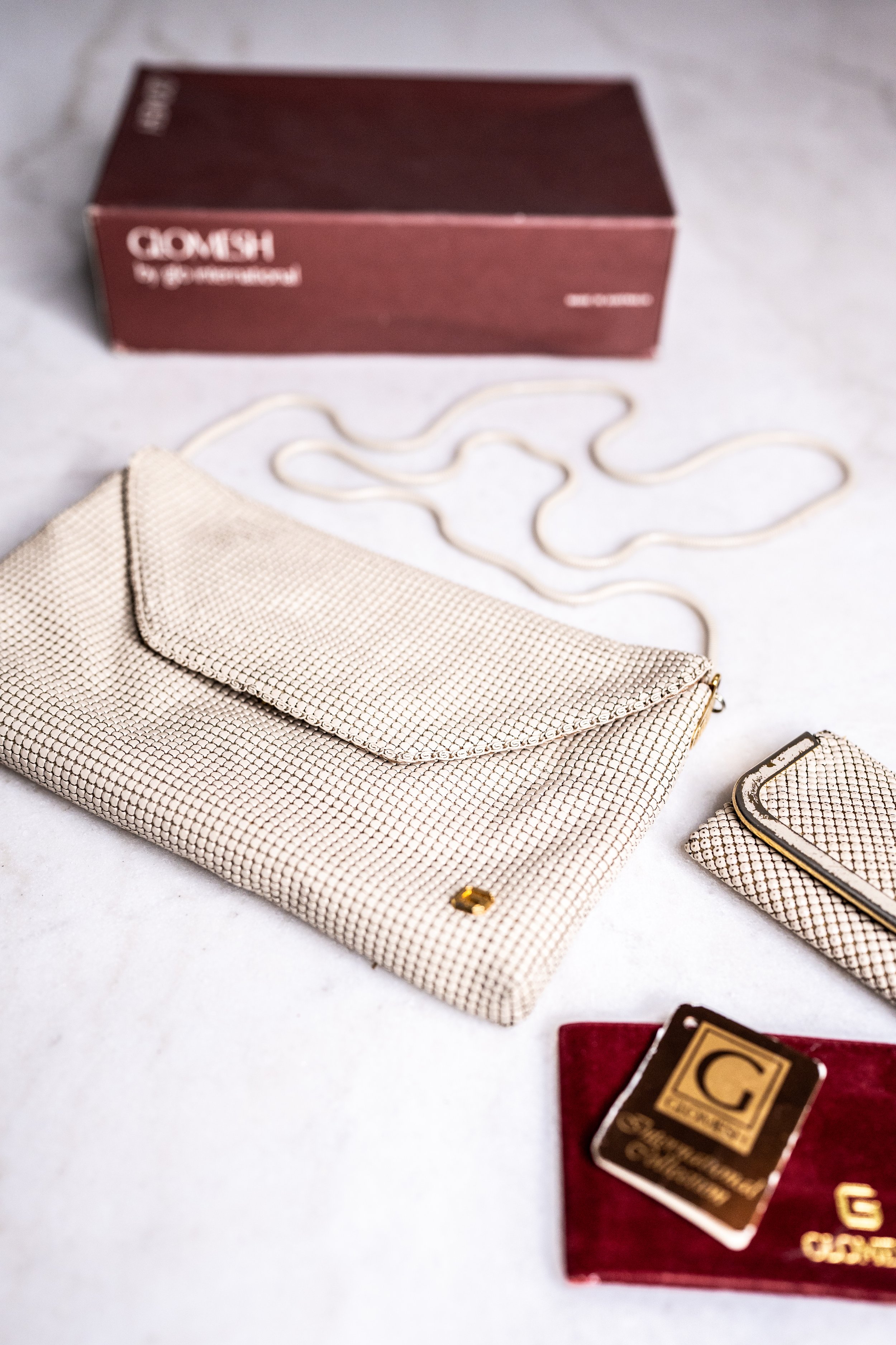 1970s Vintage Cream Glomesh Evening Handbag & Key Case Set with Original Box