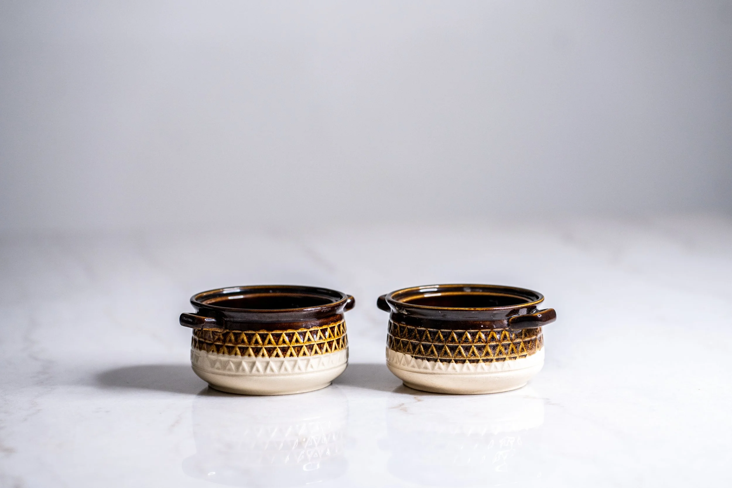 Set of 2 Vintage 1970s Japanese Stoneware Soup Bowls – Two-Tone Geometric Triangle Individual Crocks