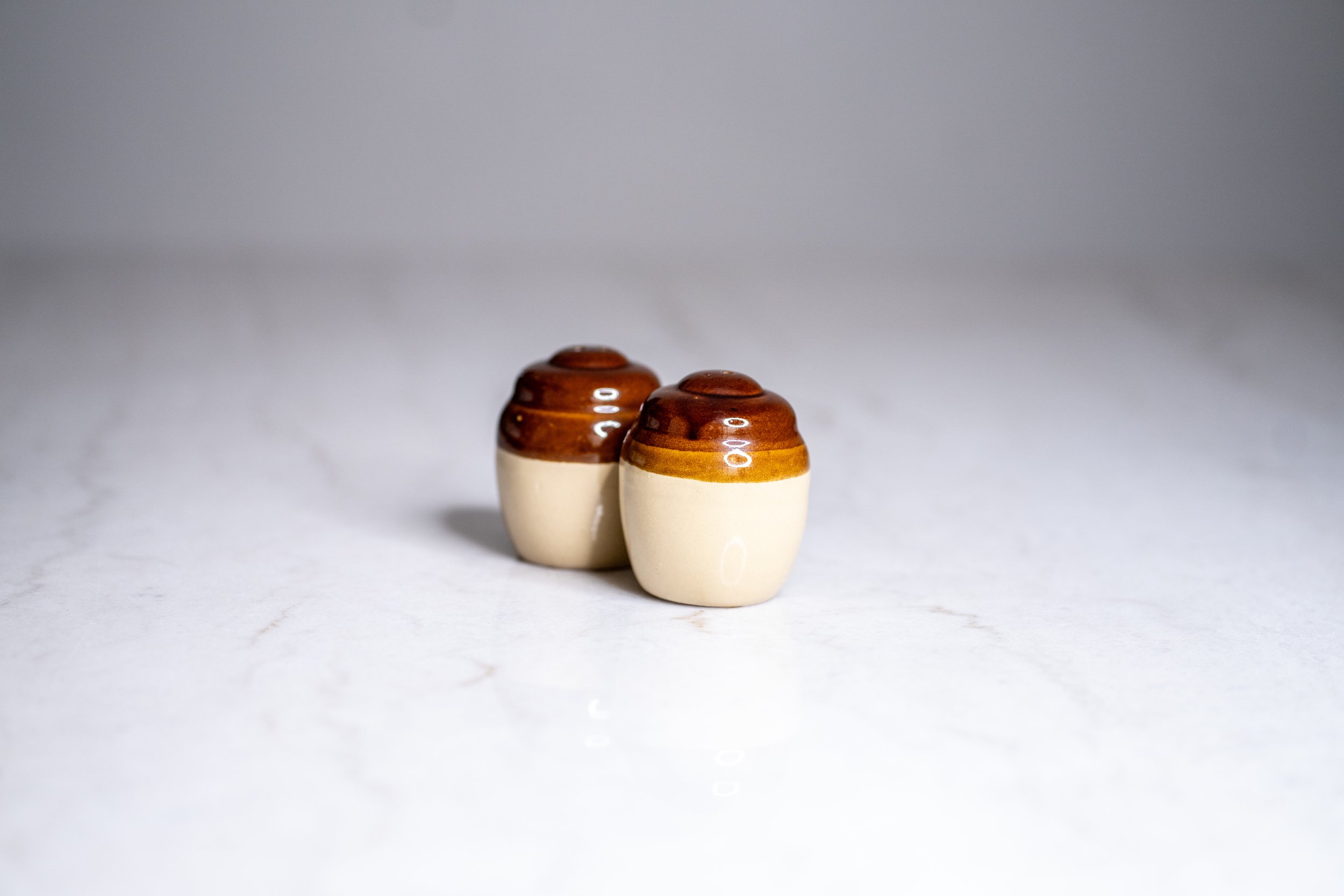 Vintage Two-Tone Stoneware Salt & Pepper Shakers - Pair