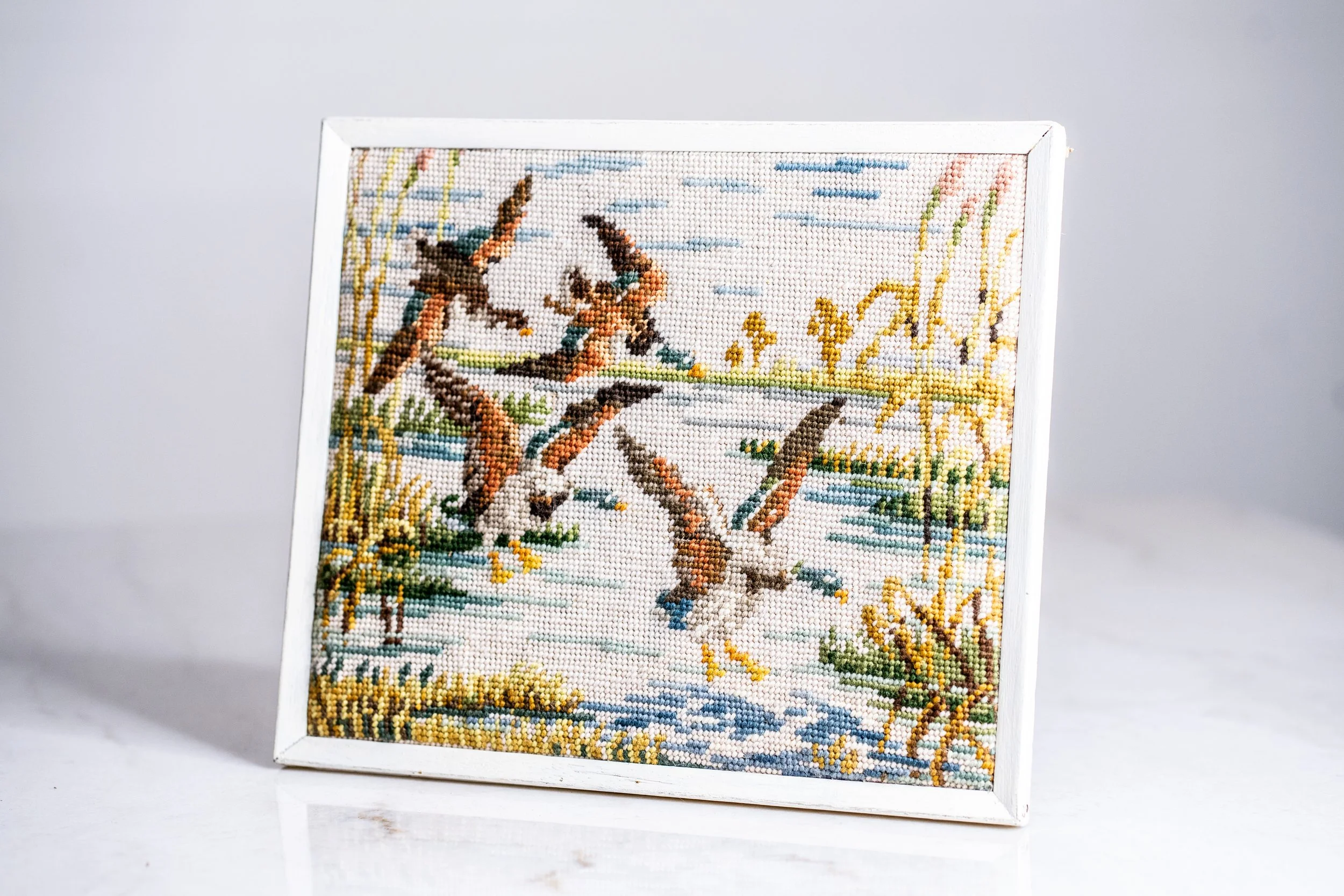 Vintage Handmade Needlepoint Framed Picture – Mallard Ducks in Flight