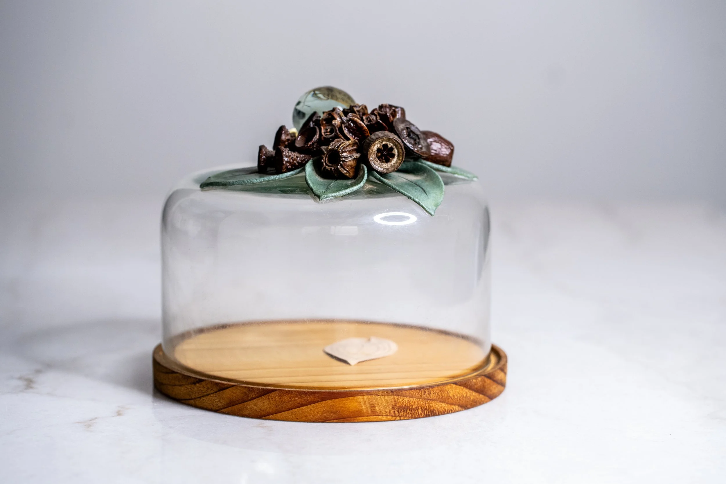 Large Glass Cake Cloche Dome with Timber Base | Handcrafted Gumnut & Eucalyptus Handle