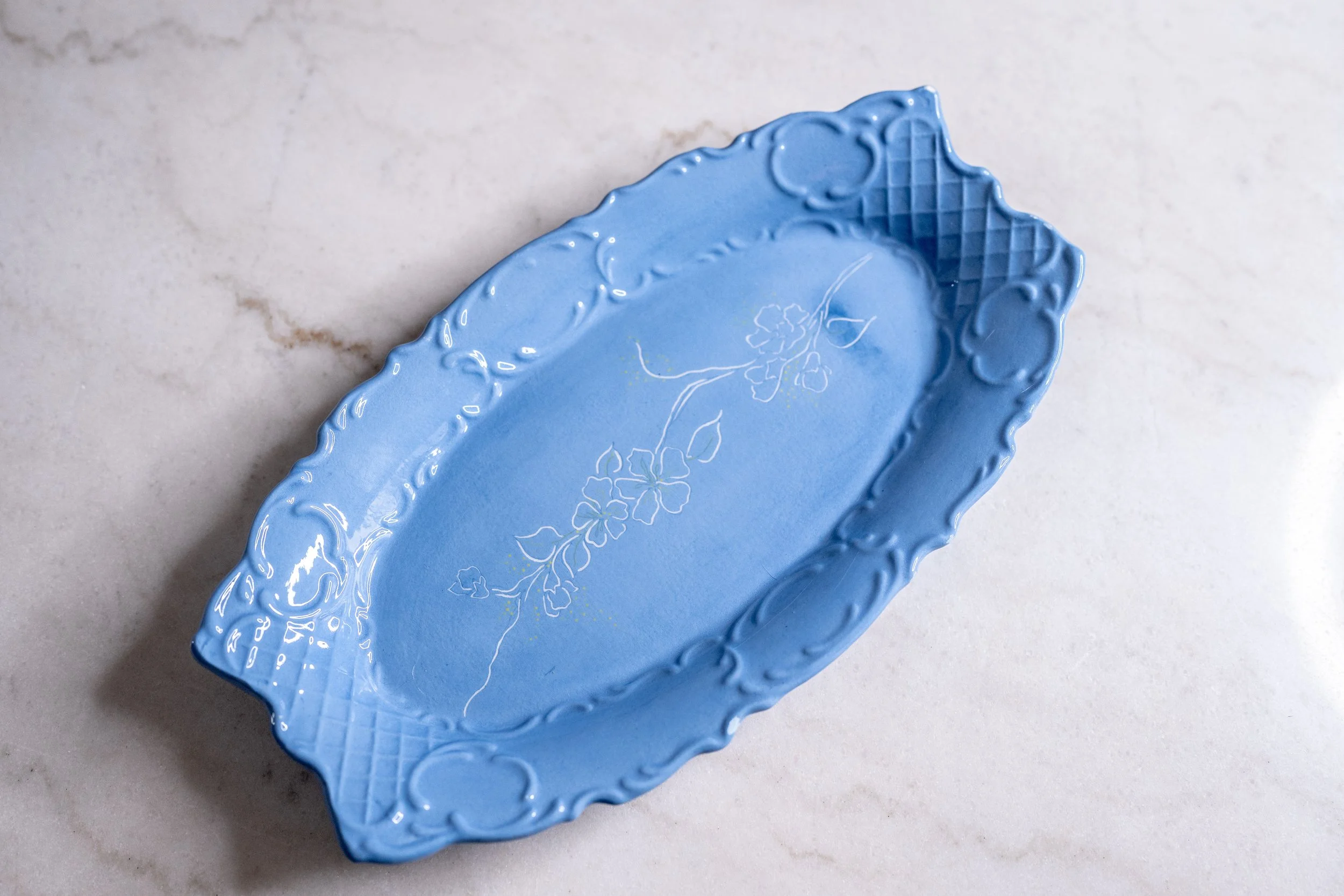 Vintage Mountainside Pottery Scalloped Oval Floral Platter