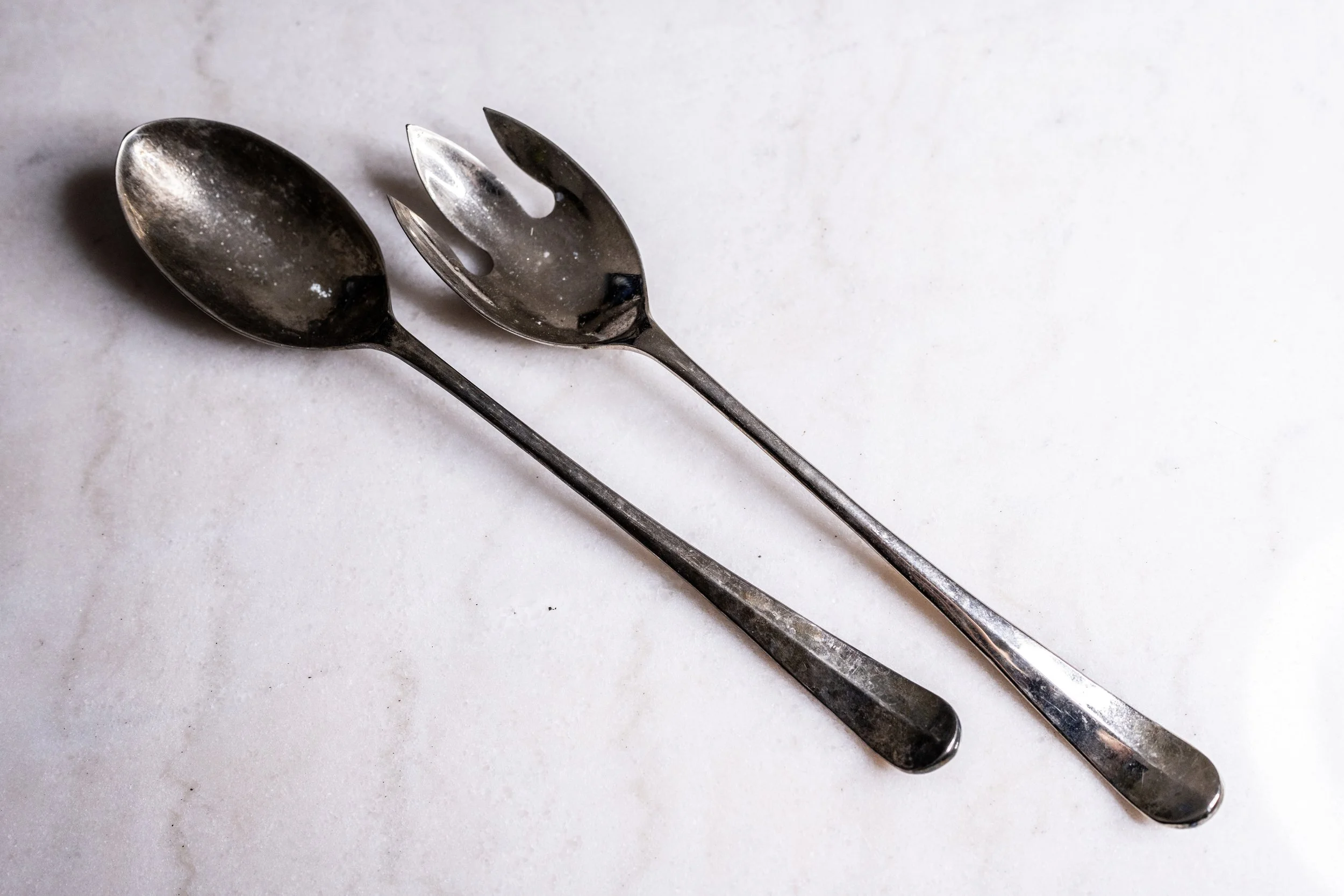 Vintage "Rattail" Pattern Silver-Plated Long-Handled Salad Serving Set