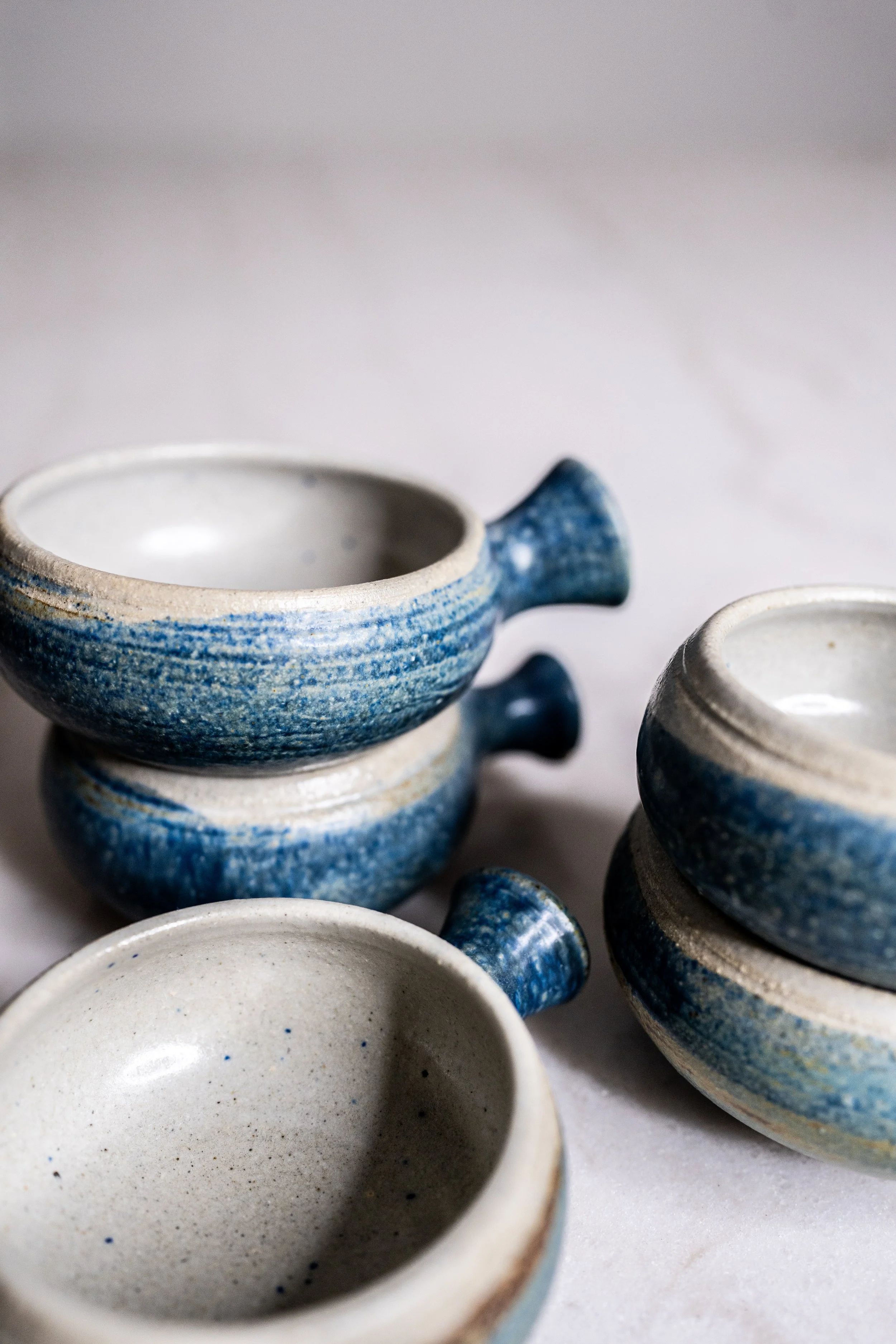 Vintage Handcrafted Studio Art Pottery 5-Piece Bowl Set – Coastal Blue & Sand