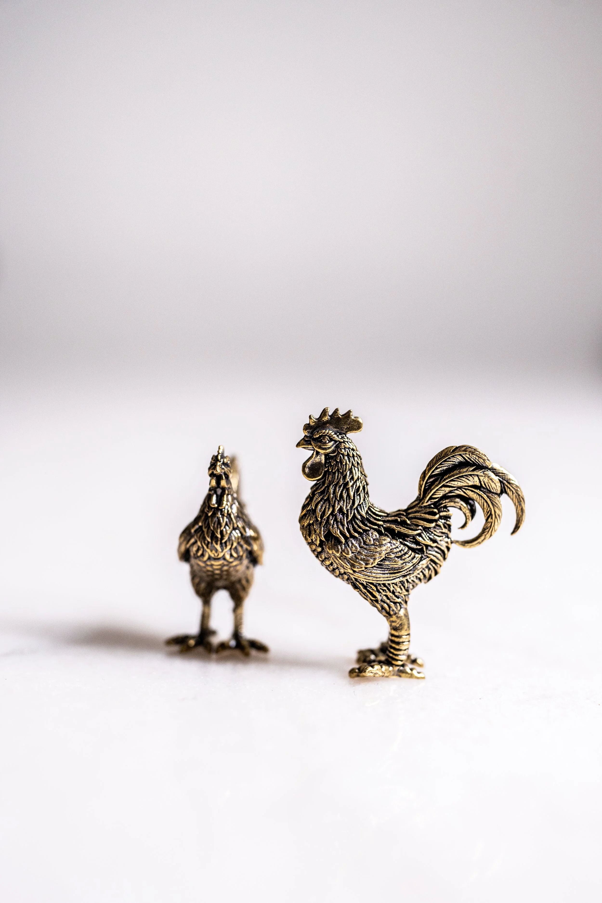 Solid Brass Rooster and Hen Miniature Figurines – Pair