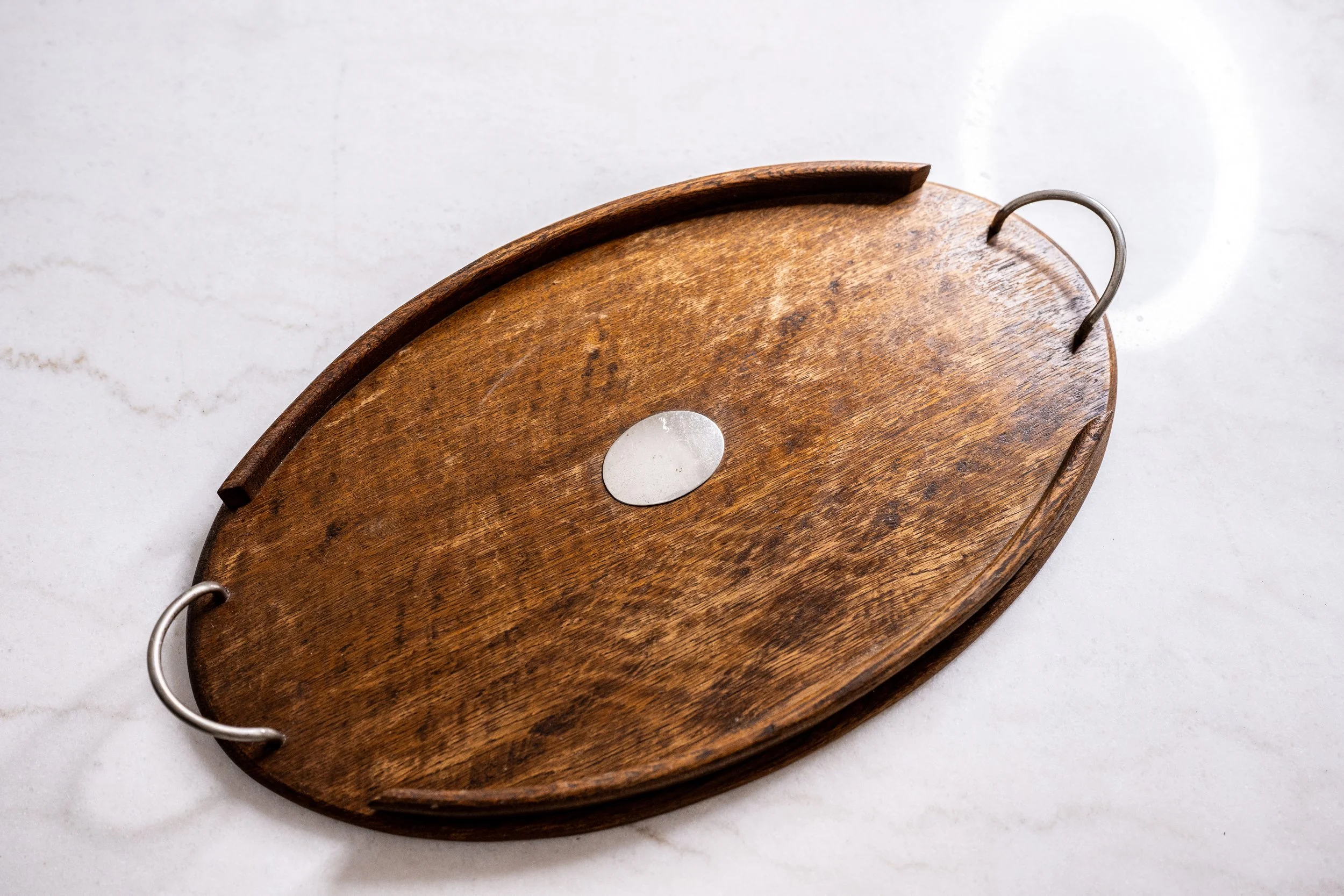 Vintage Mid-Century Wooden Gallery Tray with Silver-Plated Center Plaque