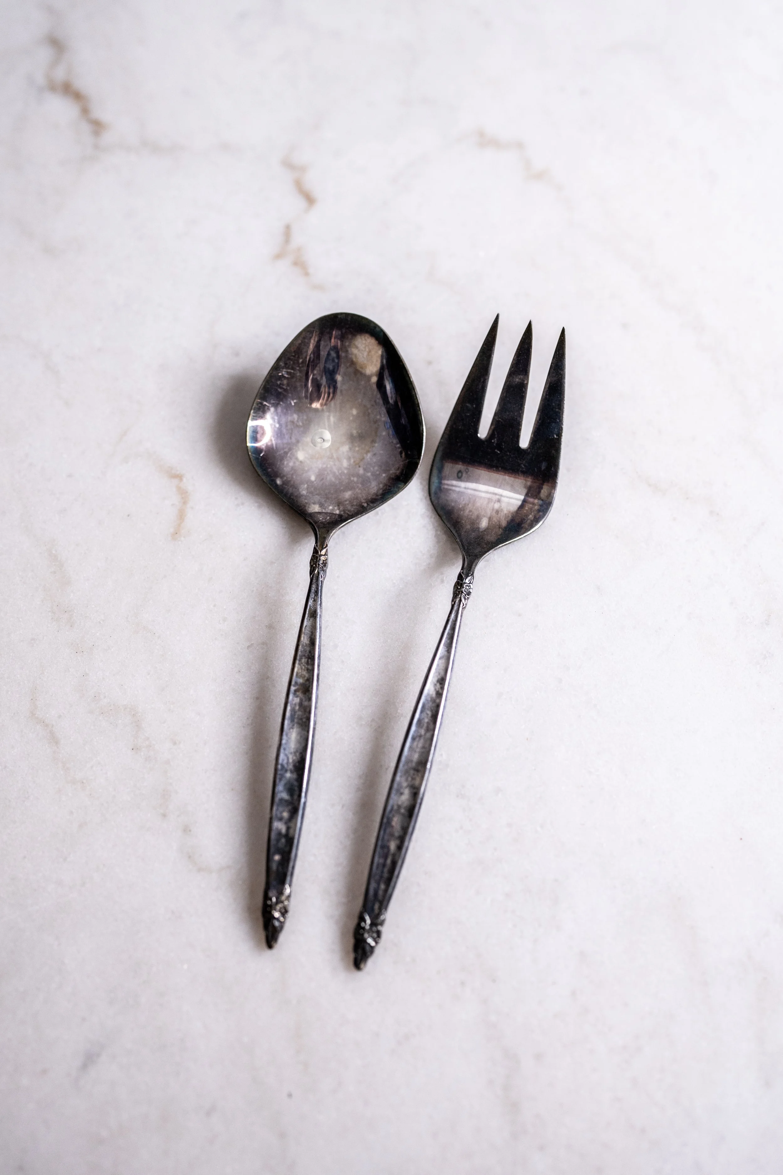 Vintage Silver-Plated Ornate Rose Relief Salad Serving Spoon & Fork Set