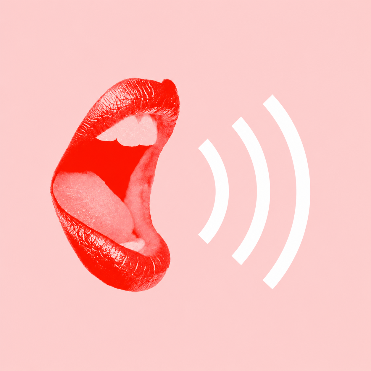 Close-up of red lips with an open mouth, as if shouting or speaking, with white sound wave lines emanating from the mouth on a pink background.