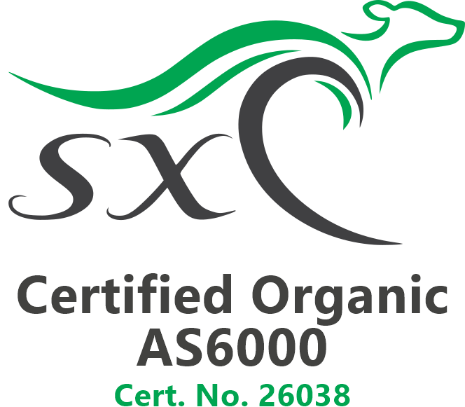 Logo for SXCertified Organic, AS6000, with a stylized green dragon and certification number 26038.