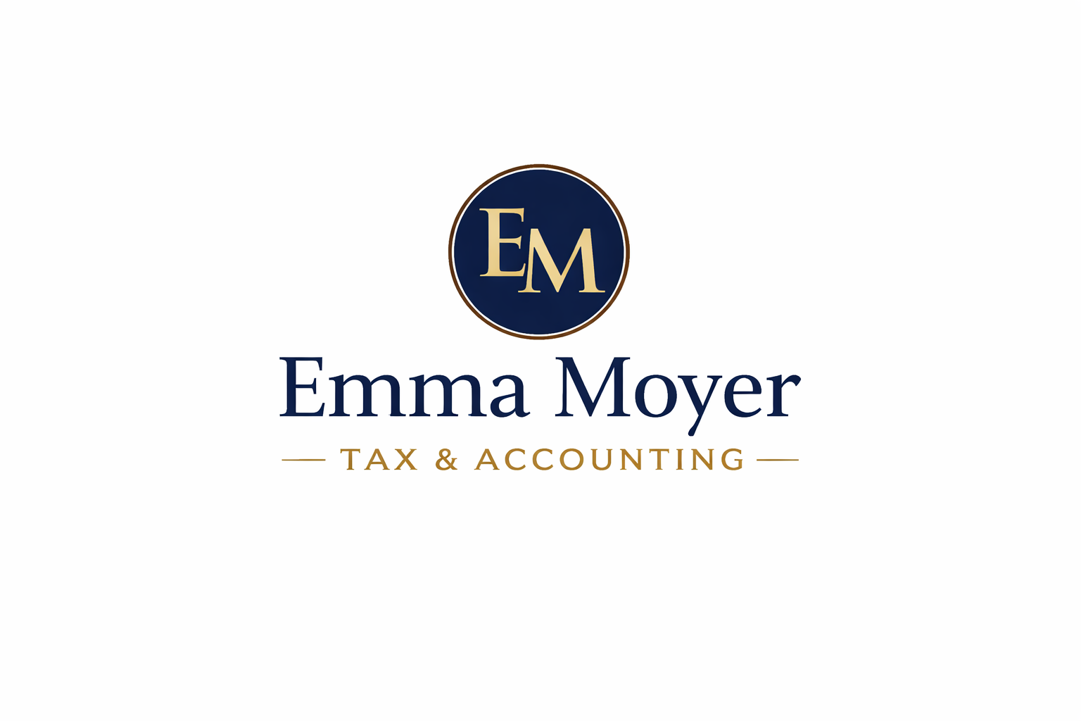 Logo for Emma Moyer Tax & Accounting featuring a navy blue circle with