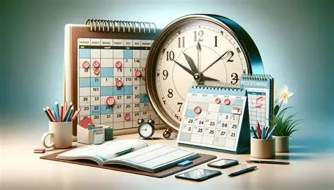 Desk with multiple calendars, large clock, notebooks, pens, and smartphones.